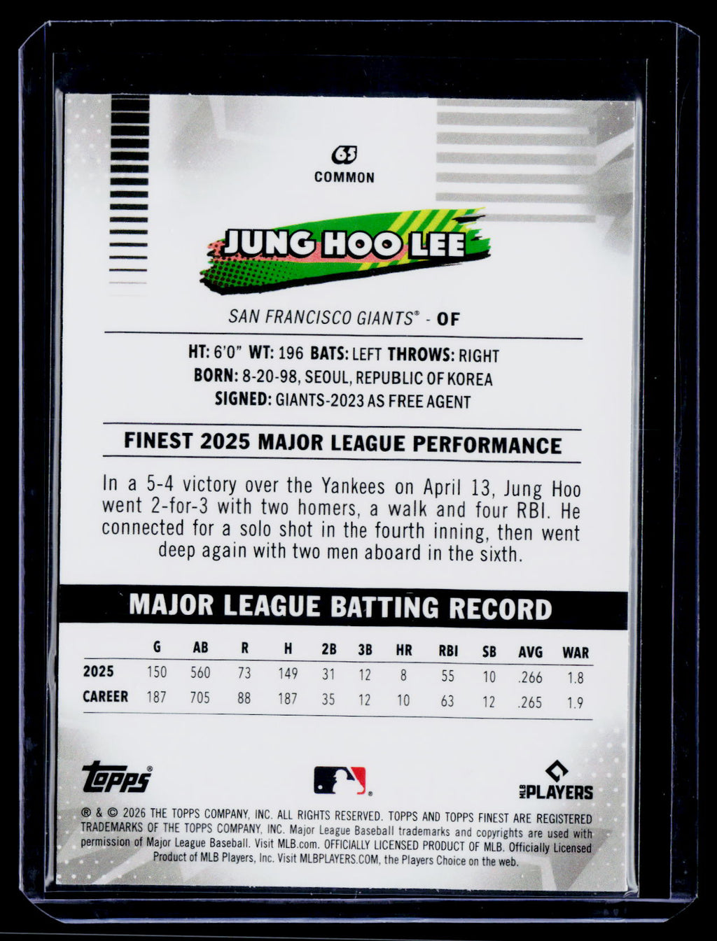 2026 Finest #65 Jung Hoo Lee Pink Mini-Diamond Refractors #/250