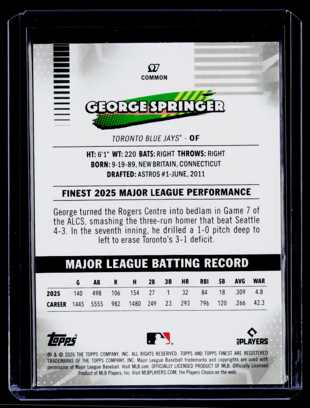 2026 Finest #97 George Springer Pink Mini-Diamond Refractors #/250