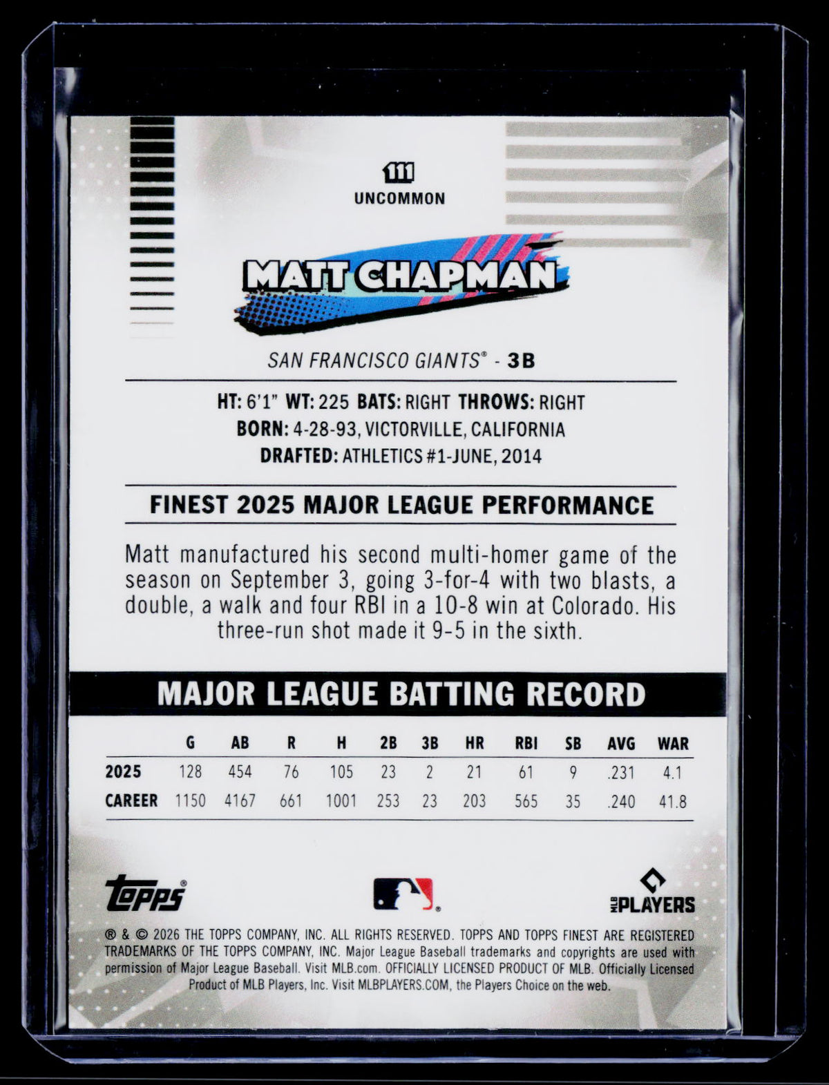 2026 Finest #111 Matt Chapman Pink Mini-Diamond Refractors #/250