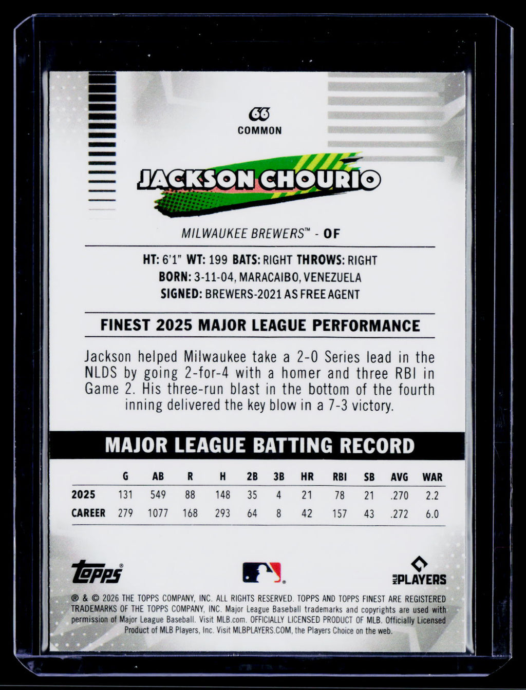 2026 Finest #66 Jackson Chourio Aqua Refractors #/199