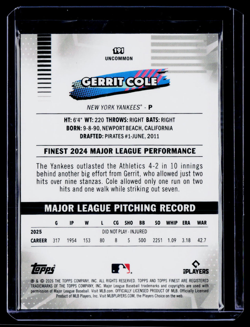 2026 Finest #191 Gerrit Cole Aqua Mini-Diamond Refractors #/199