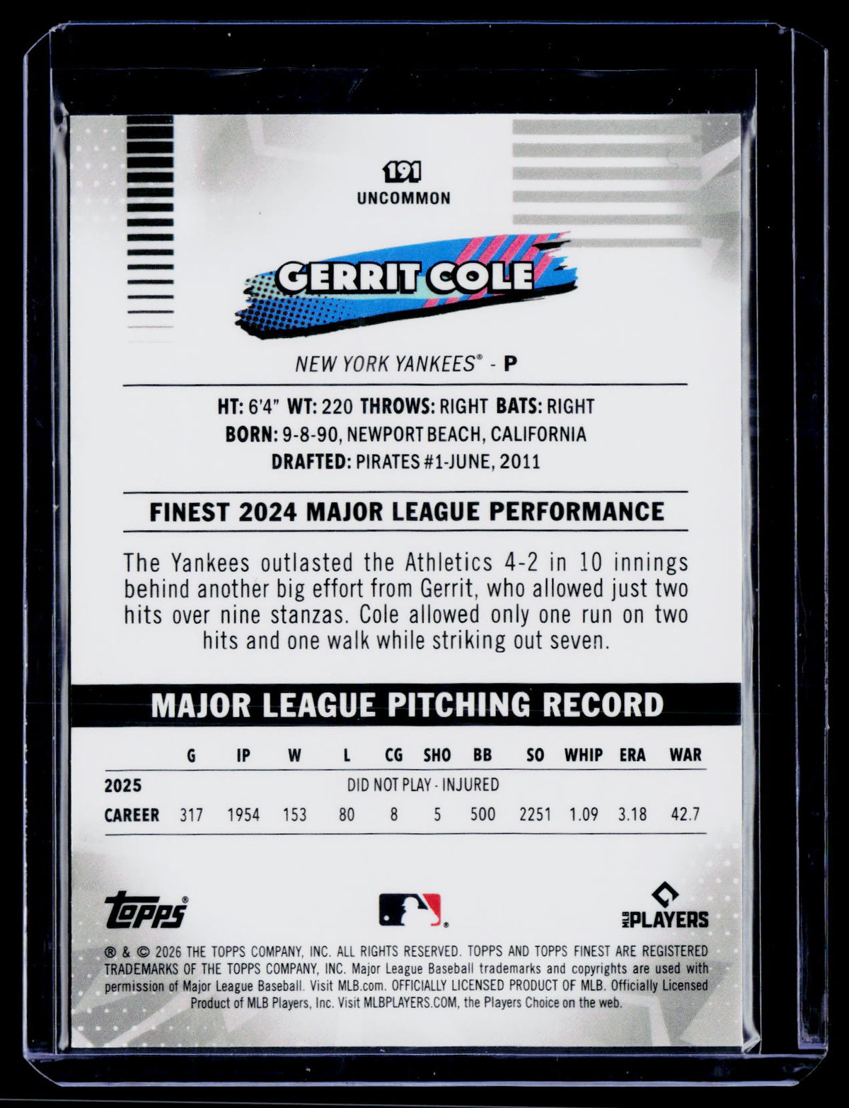 2026 Finest #191 Gerrit Cole Aqua Mini-Diamond Refractors #/199
