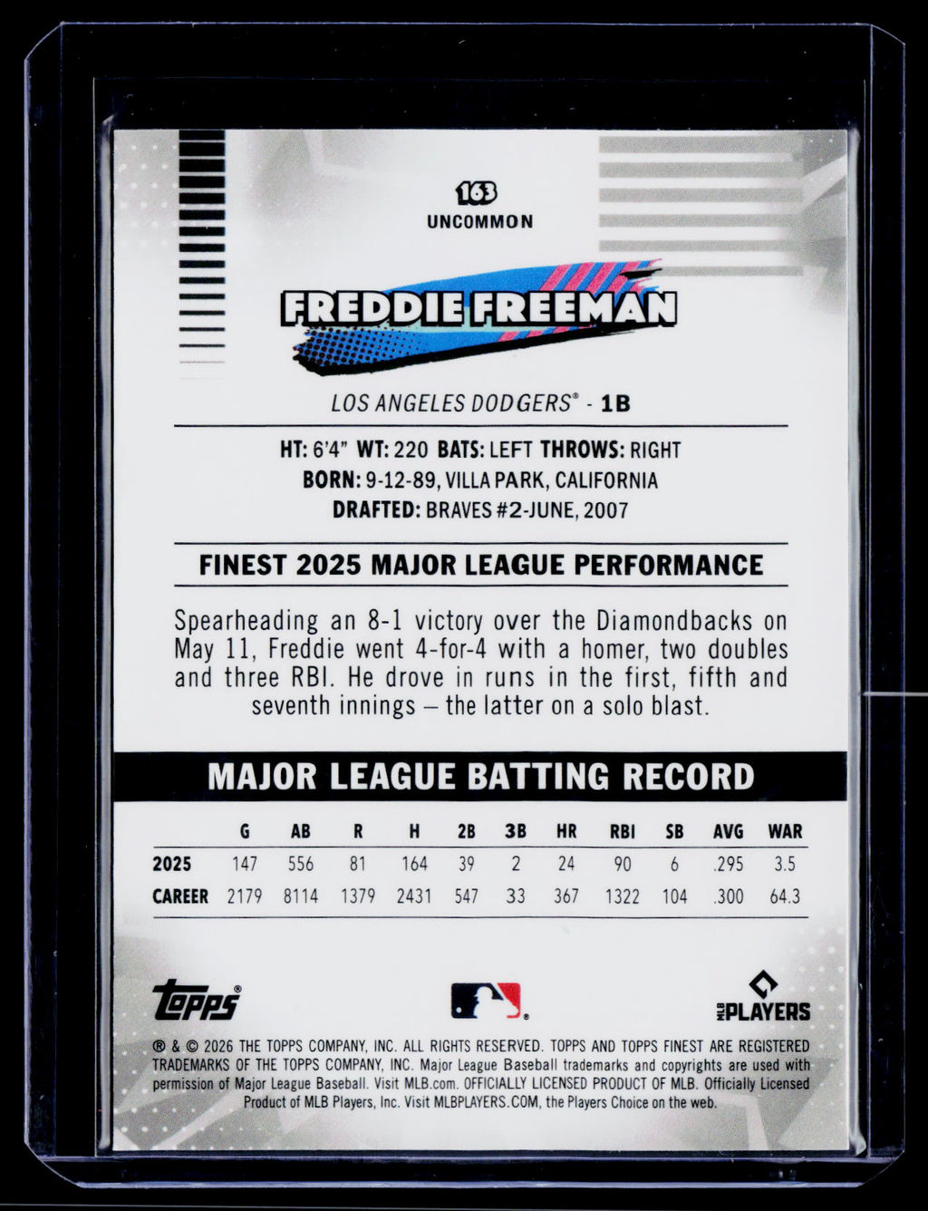 2026 Finest #163 Freddie Freeman Aqua Mini-Diamond Refractors #/199