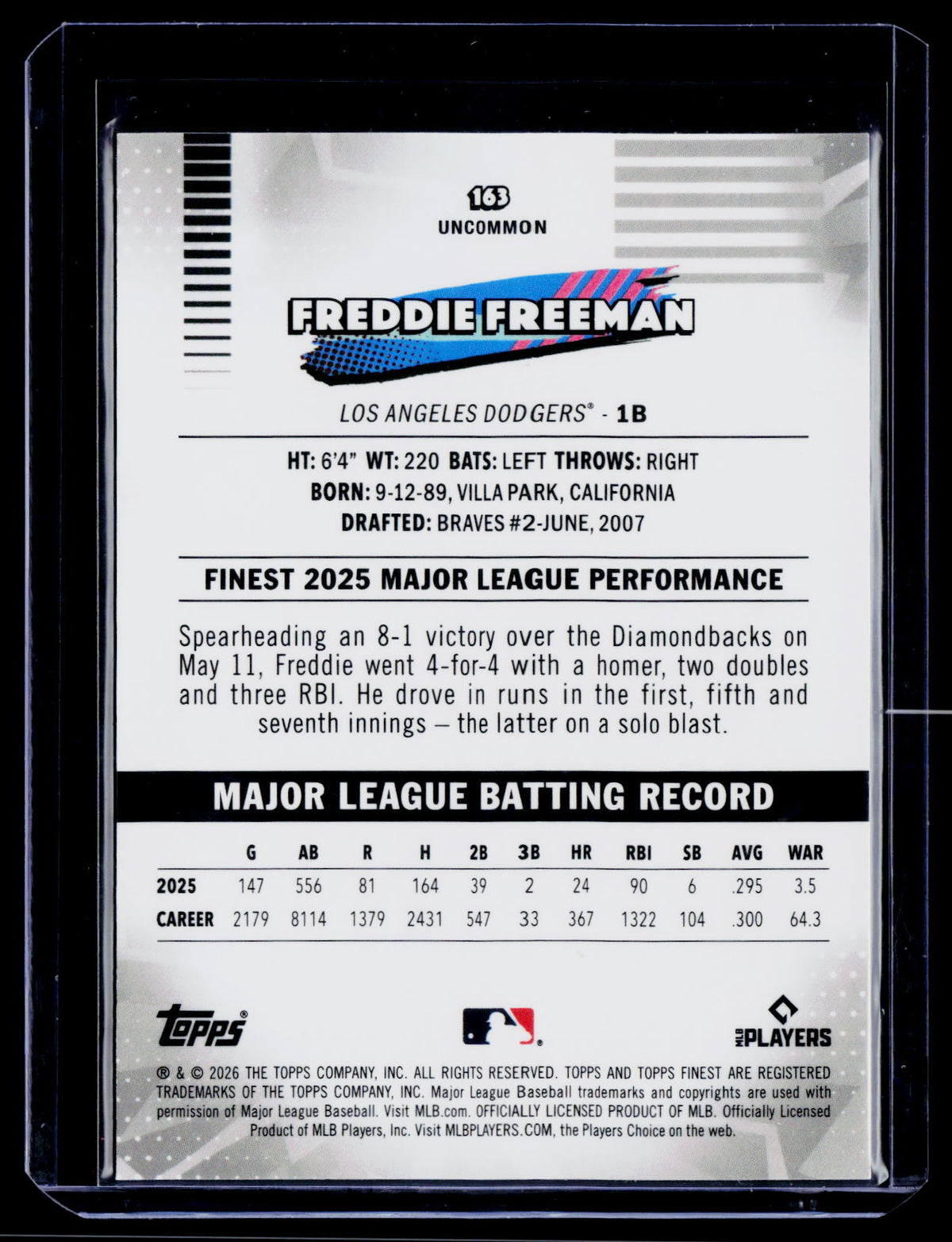 2026 Finest #163 Freddie Freeman Aqua Mini-Diamond Refractors #/199
