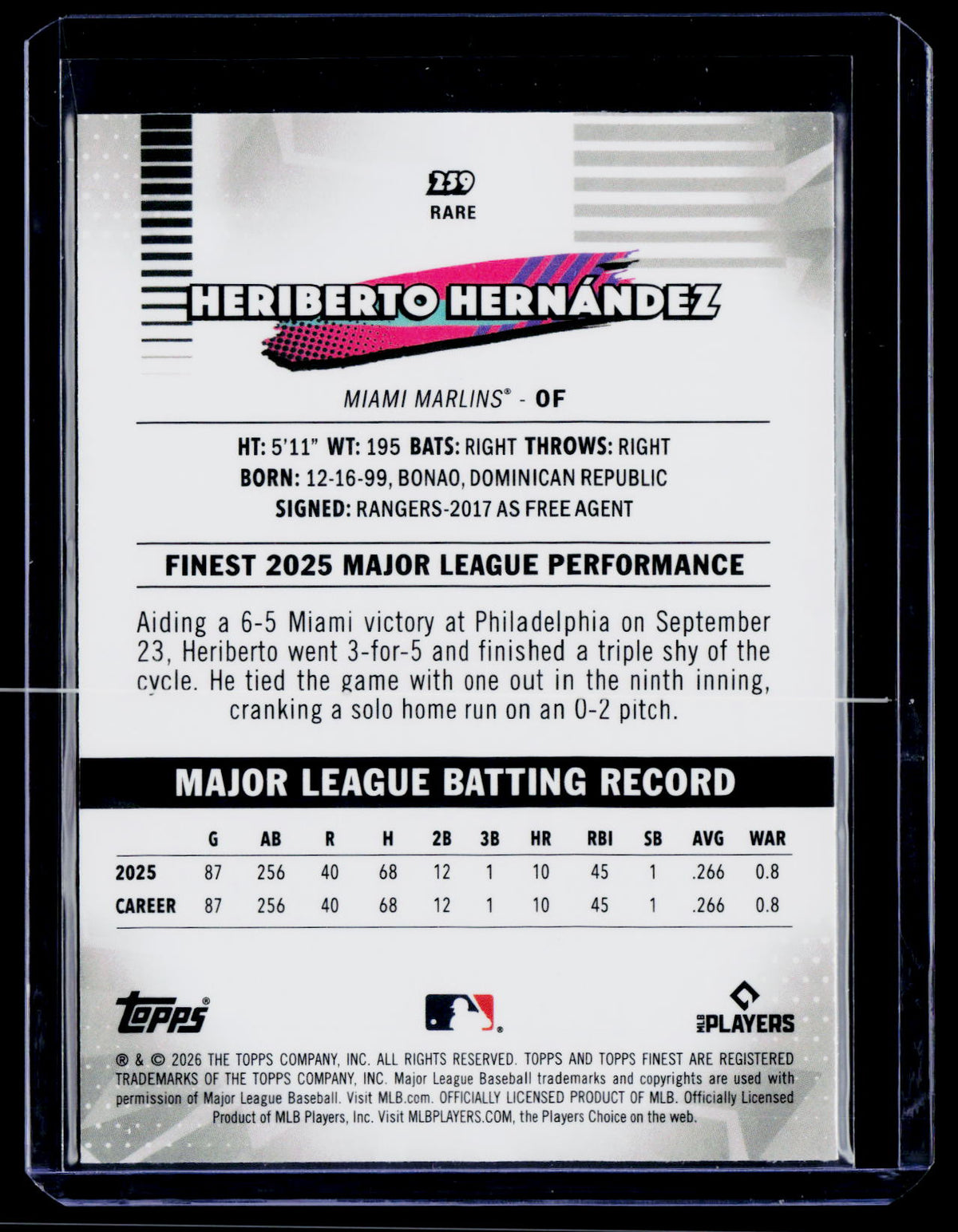 2026 Finest #259 Heriberto Hernández Aqua Mini-Diamond Refractors #/199