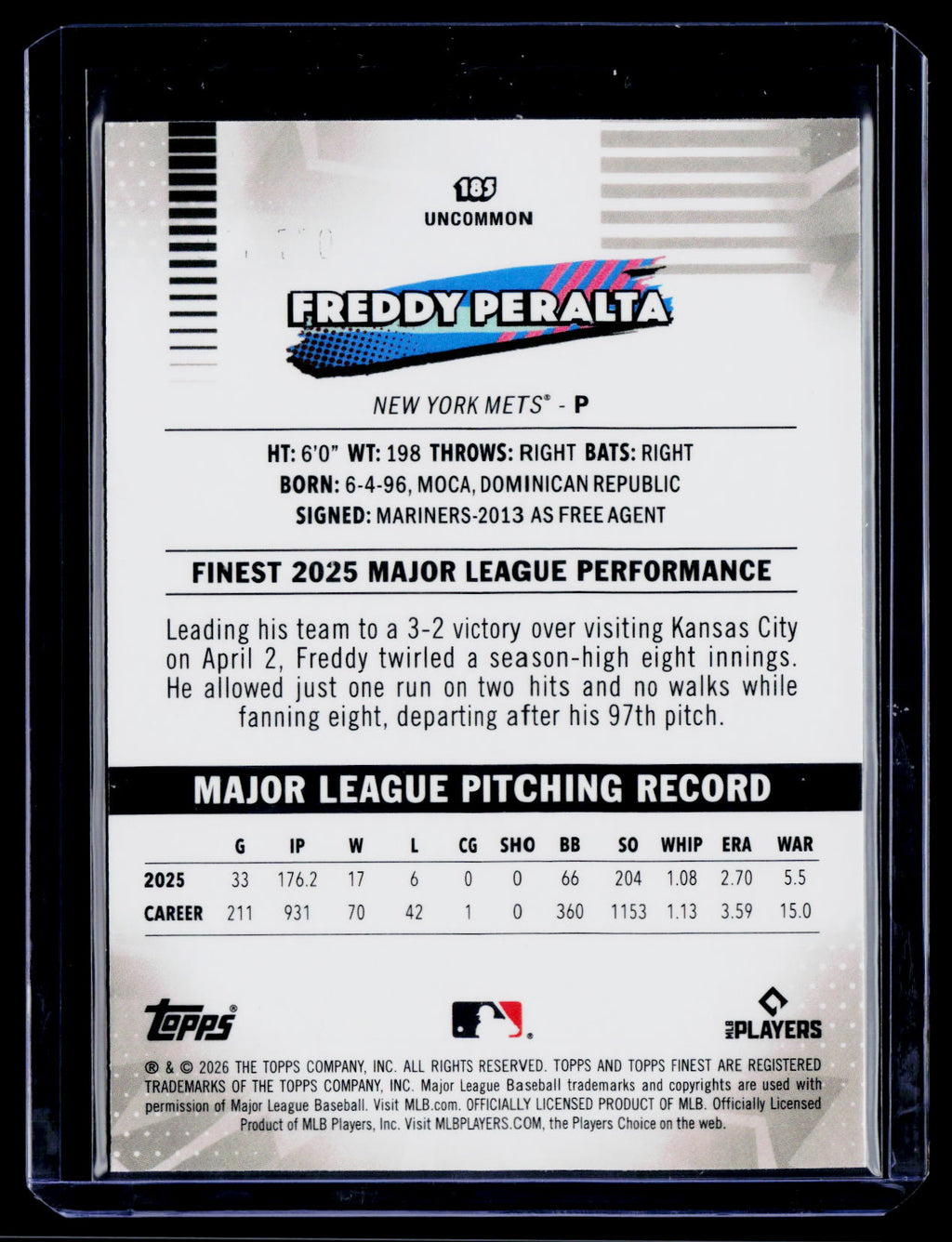 2026 Finest #185 Freddy Peralta Blue Mini-Diamond Refractors #/150
