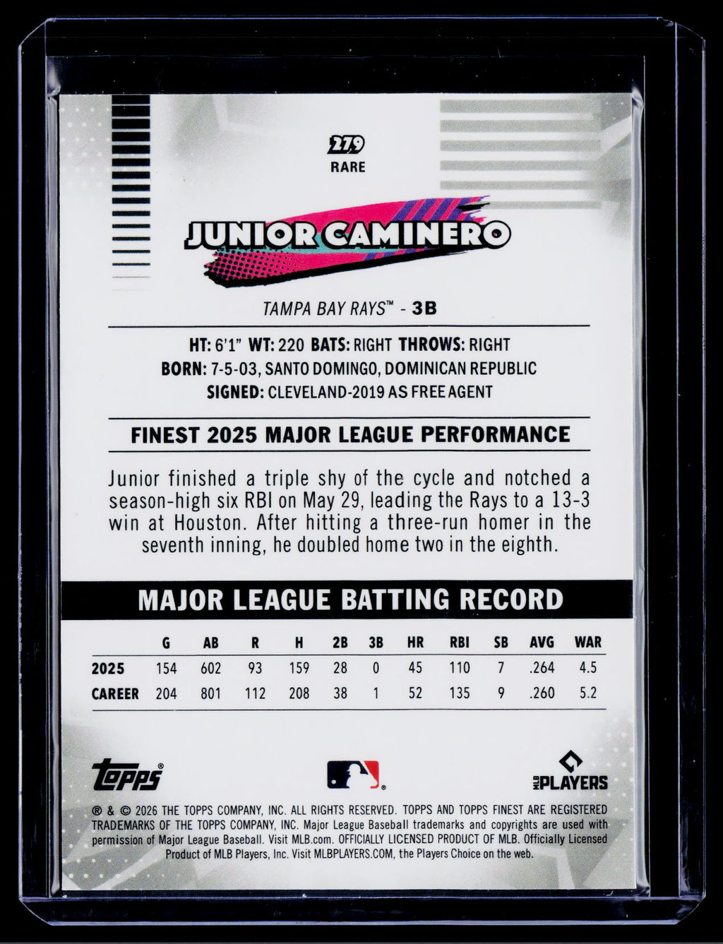 2026 Finest #279 Junior Caminero Blue Refractors #/150