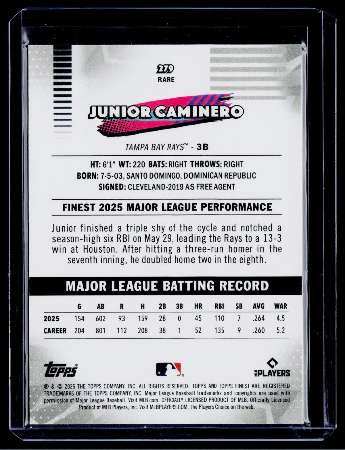 2026 Finest #279 Junior Caminero Blue Refractors #/150