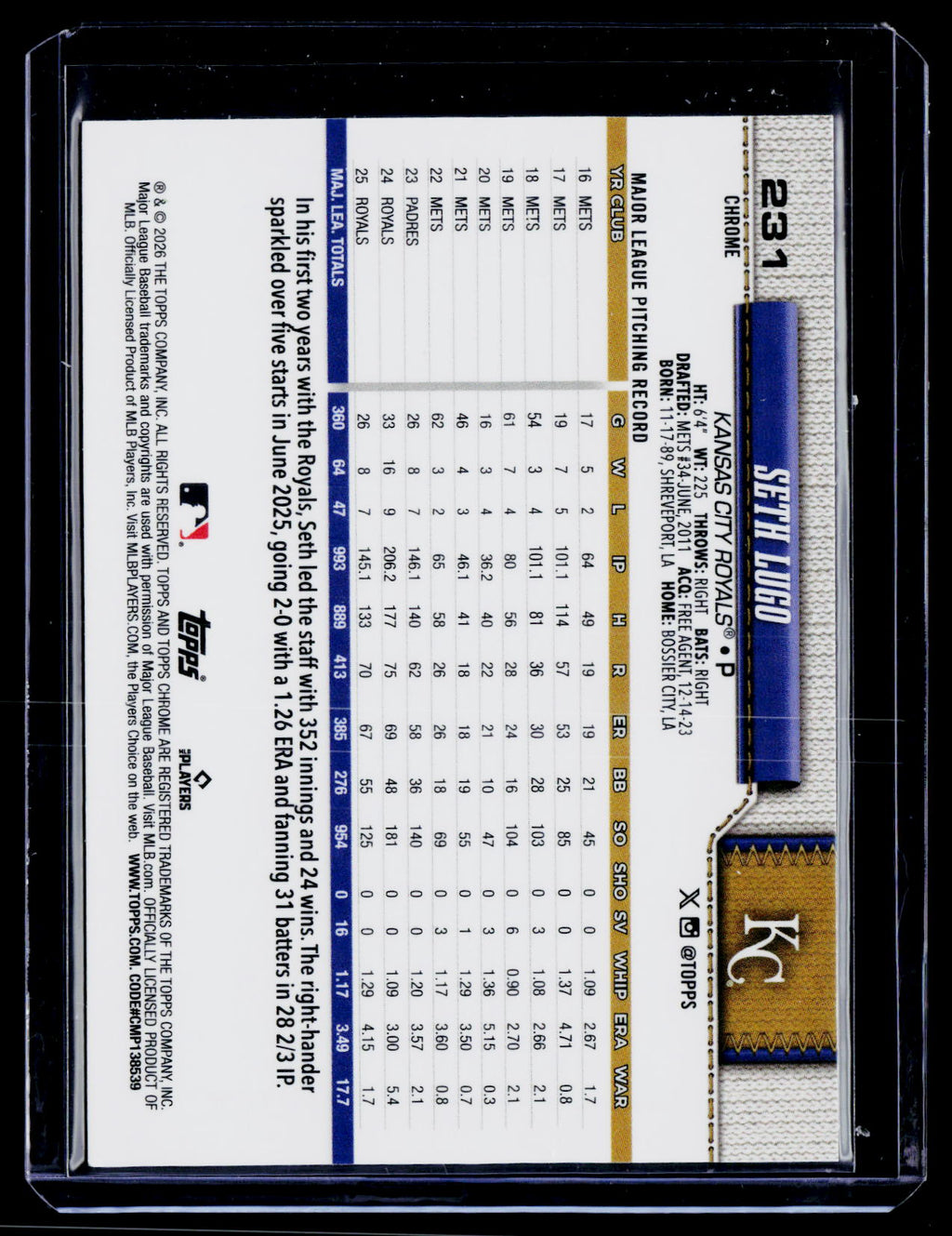 2026 Topps Chrome #231 Seth Lugo Purple Geometric Refractors #/75