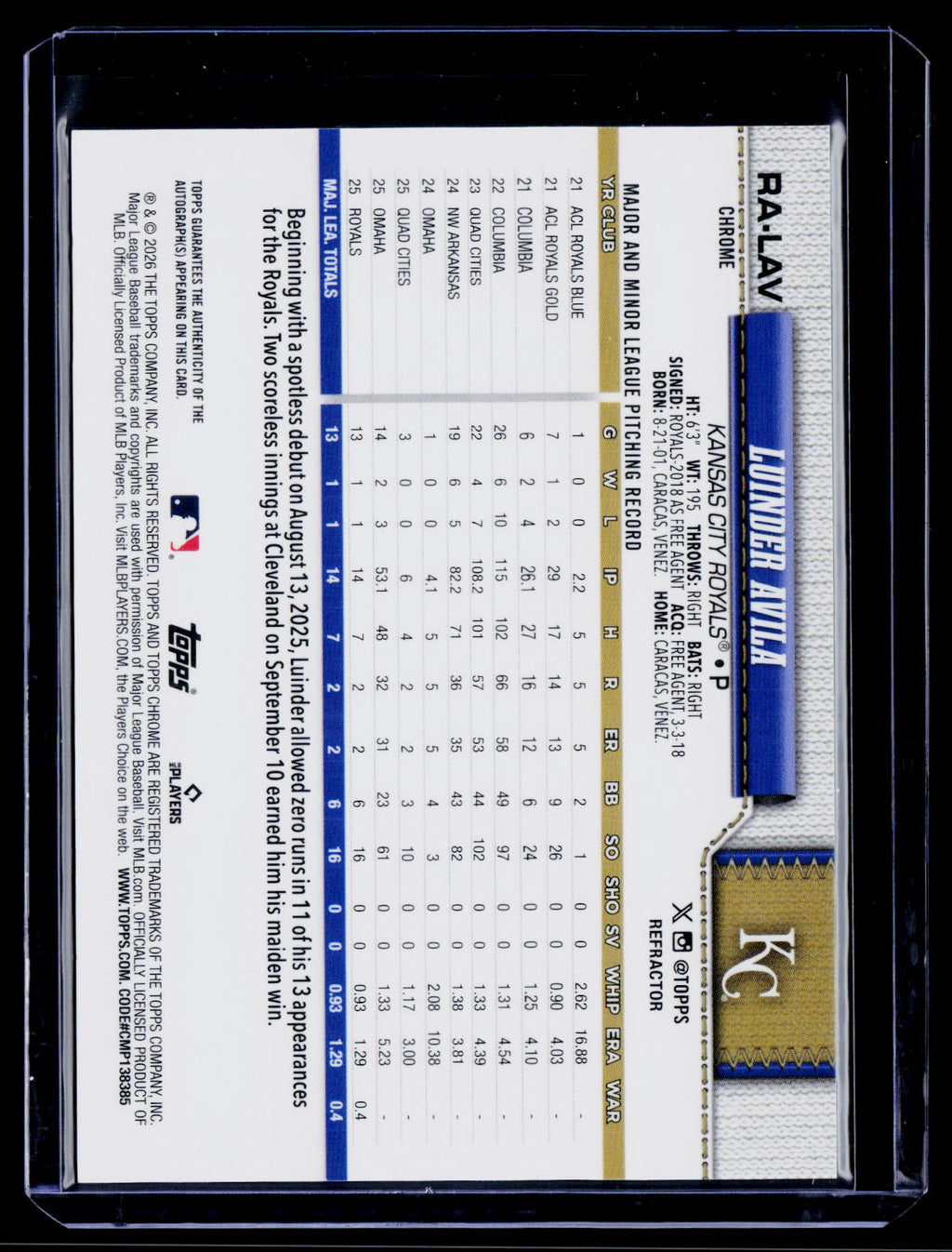 2026 Topps Chrome #RA-LAV Luinder Avil Rookie Autographs Refractors #/499