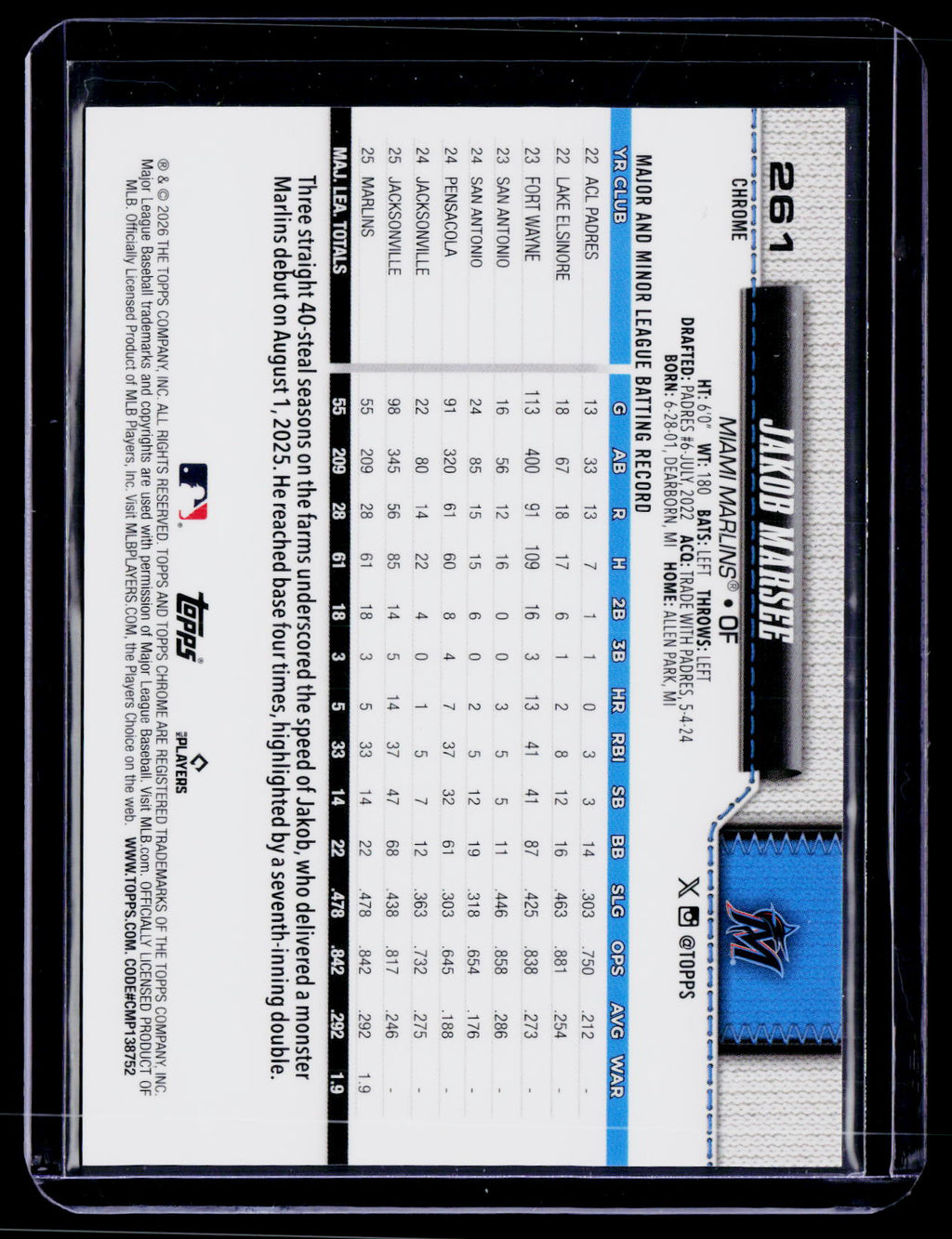 2026 Topps Chrome #261 Jakob Marsee Image Variation Purple /75