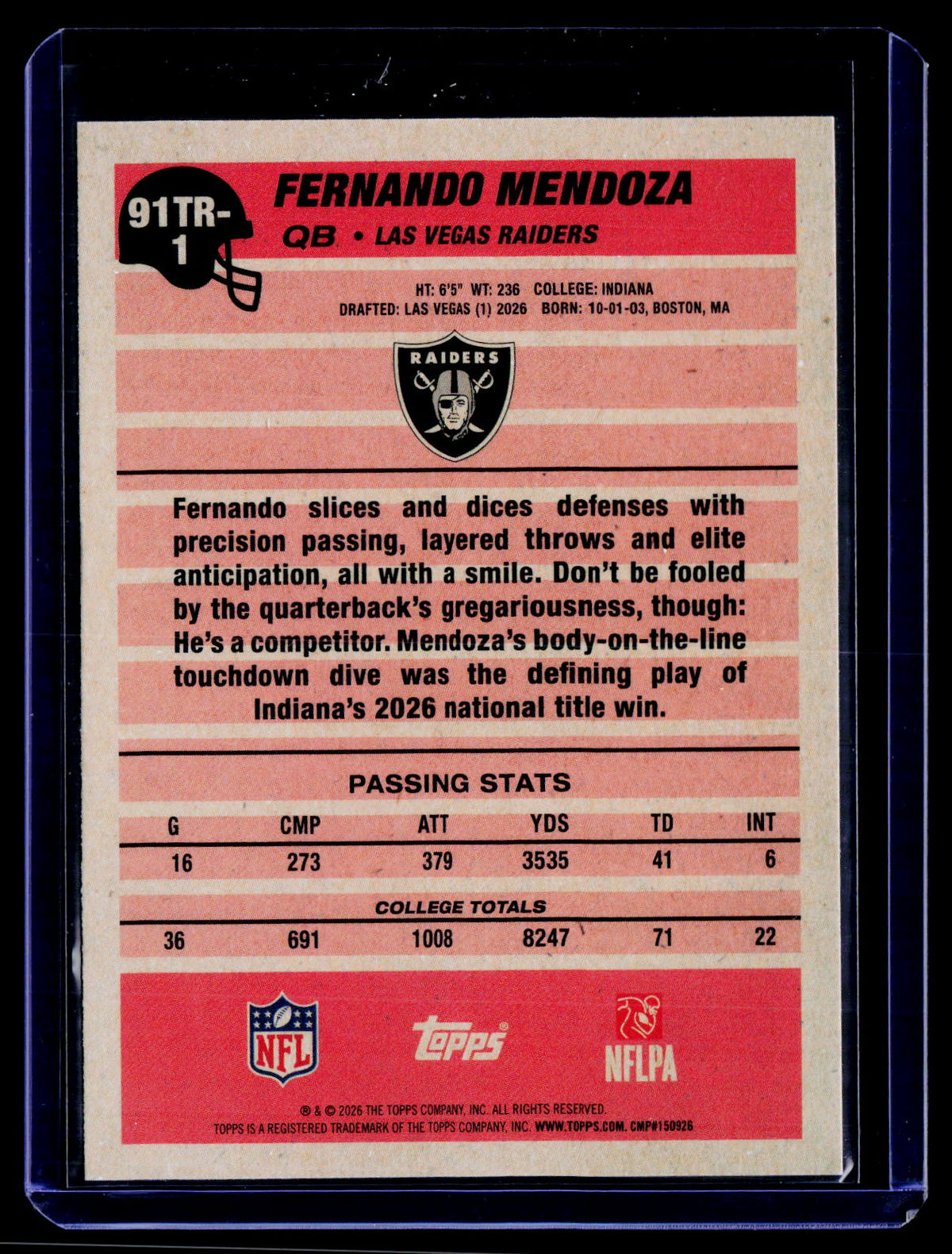2026 Topps Flagship #91TR-1 Fernando Mendoza 1991 Topps Football Rookies