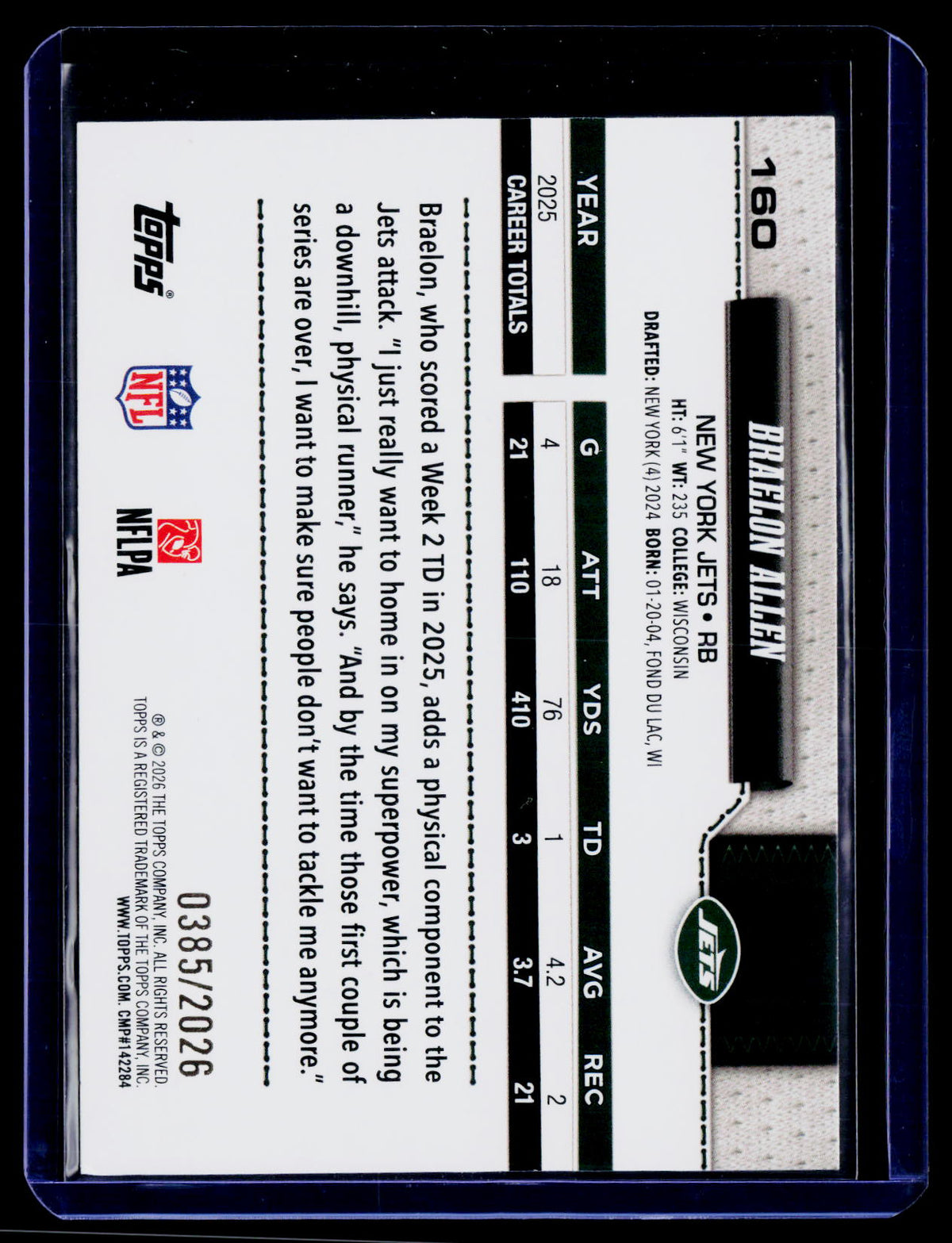 2026 Topps Flagship #160 Braelon Allen Gold #/2026