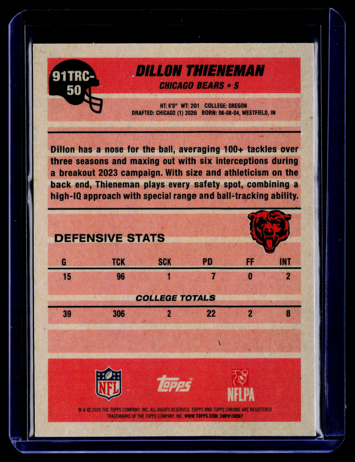 2026 Topps Flagship Dillon Thieneman 1991 Topps Football Rookies Chrome /199