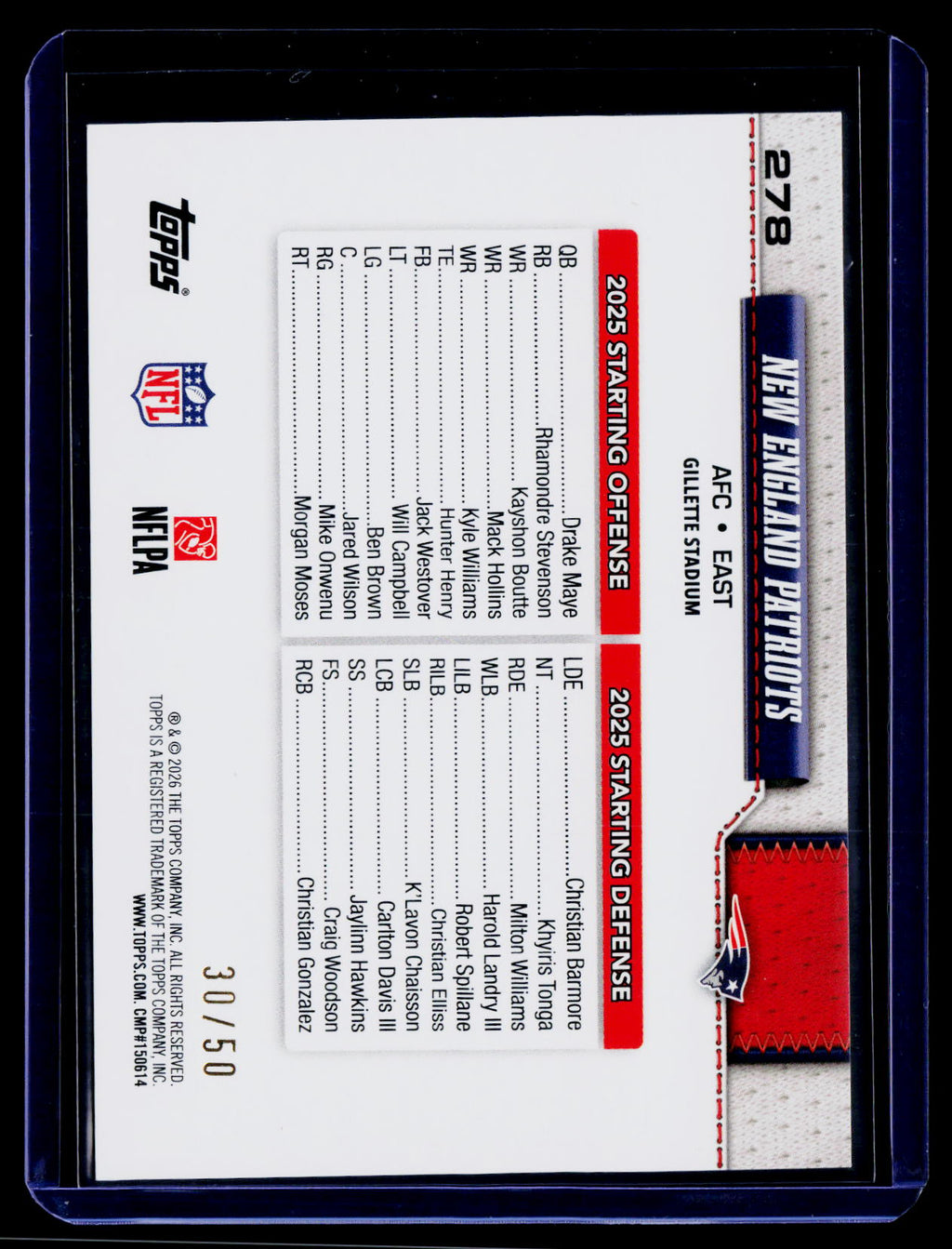 2026 Topps Flagship #278 New England Patriots Gold Holo Foil #/50