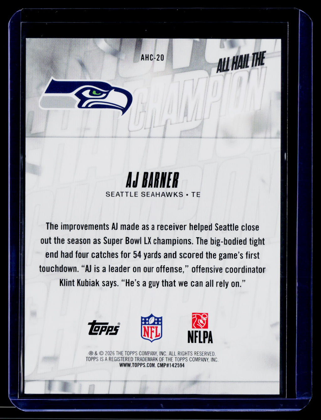 2026 Topps Flagship #AHC-20 AJ Barner All Hail the Champ Orange #/25