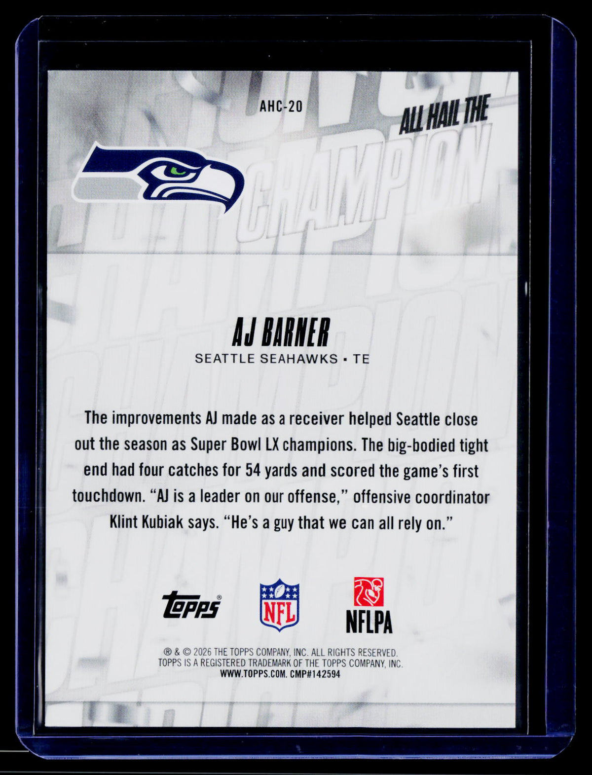 2026 Topps Flagship #AHC-20 AJ Barner All Hail the Champ Orange #/25