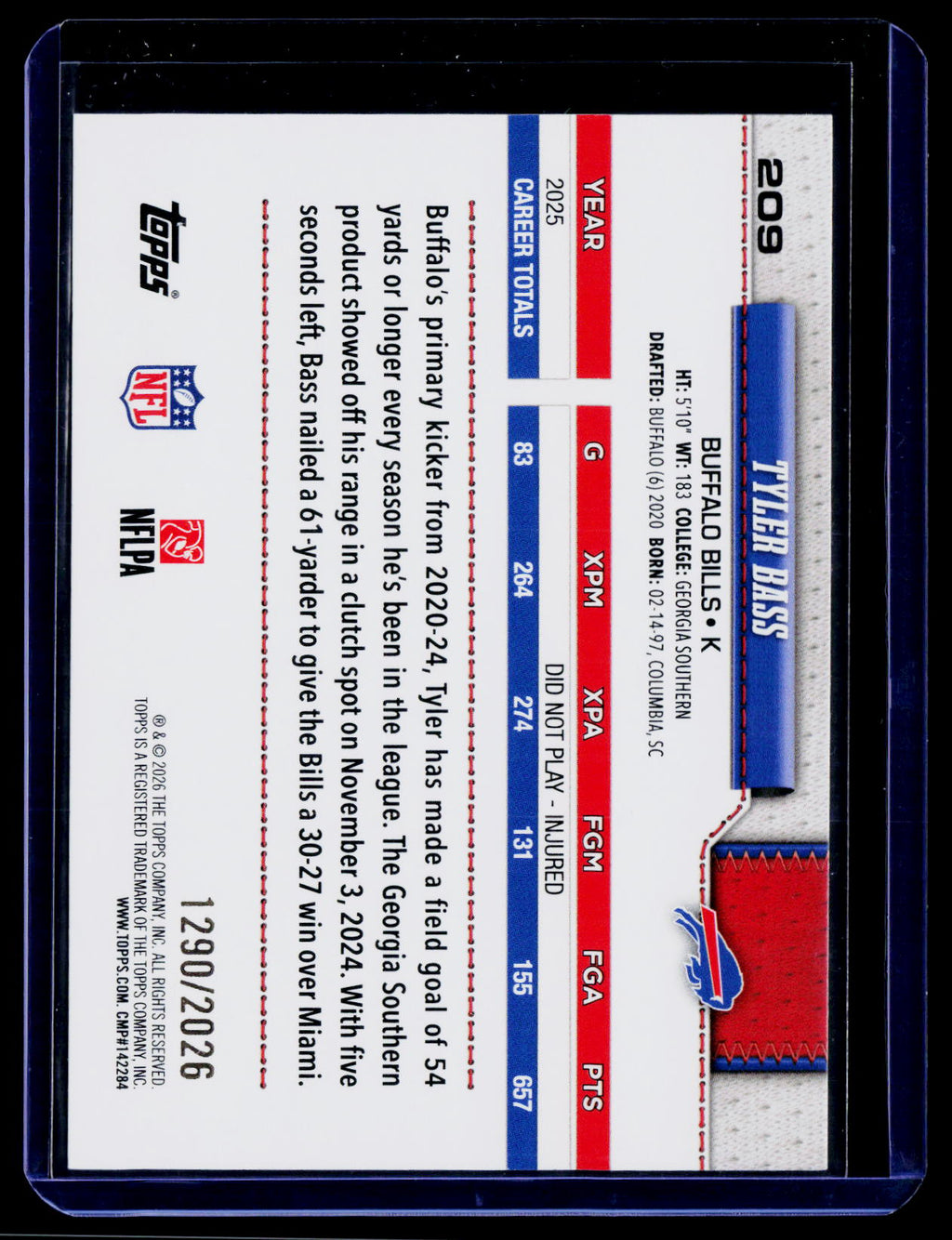 2026 Topps Flagship #209 Tyler Bass Gold #/2026