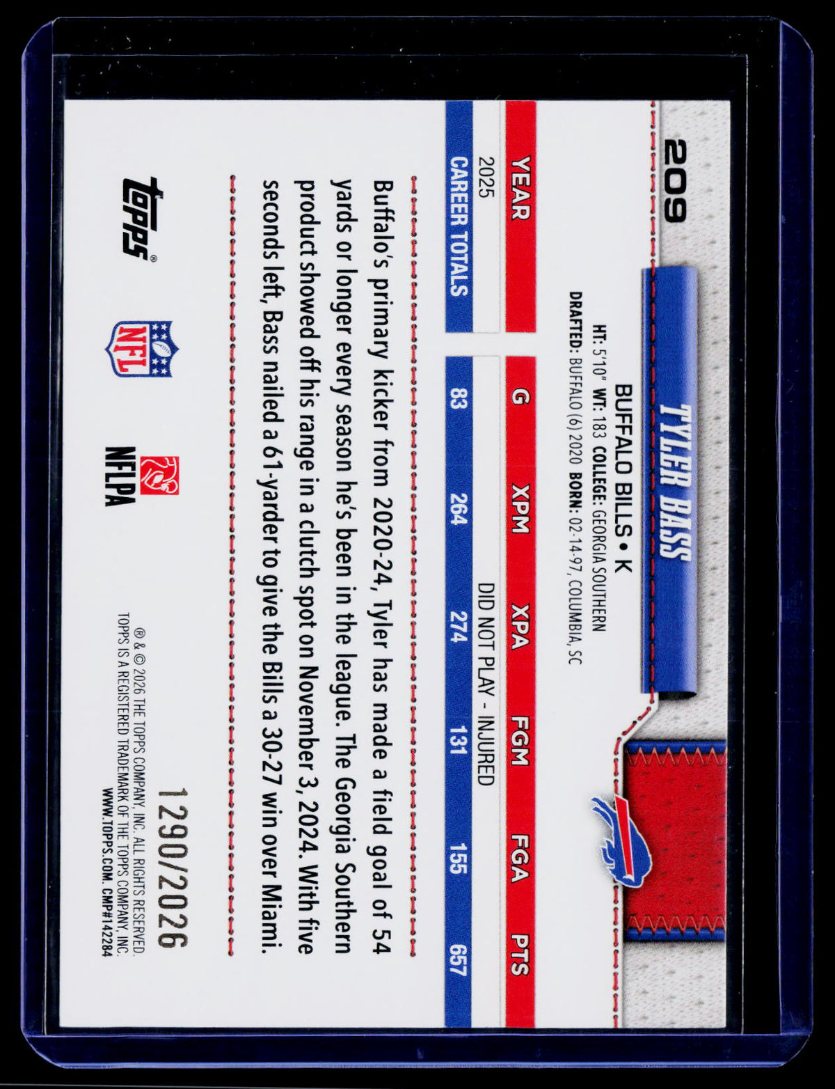 2026 Topps Flagship #209 Tyler Bass Gold #/2026