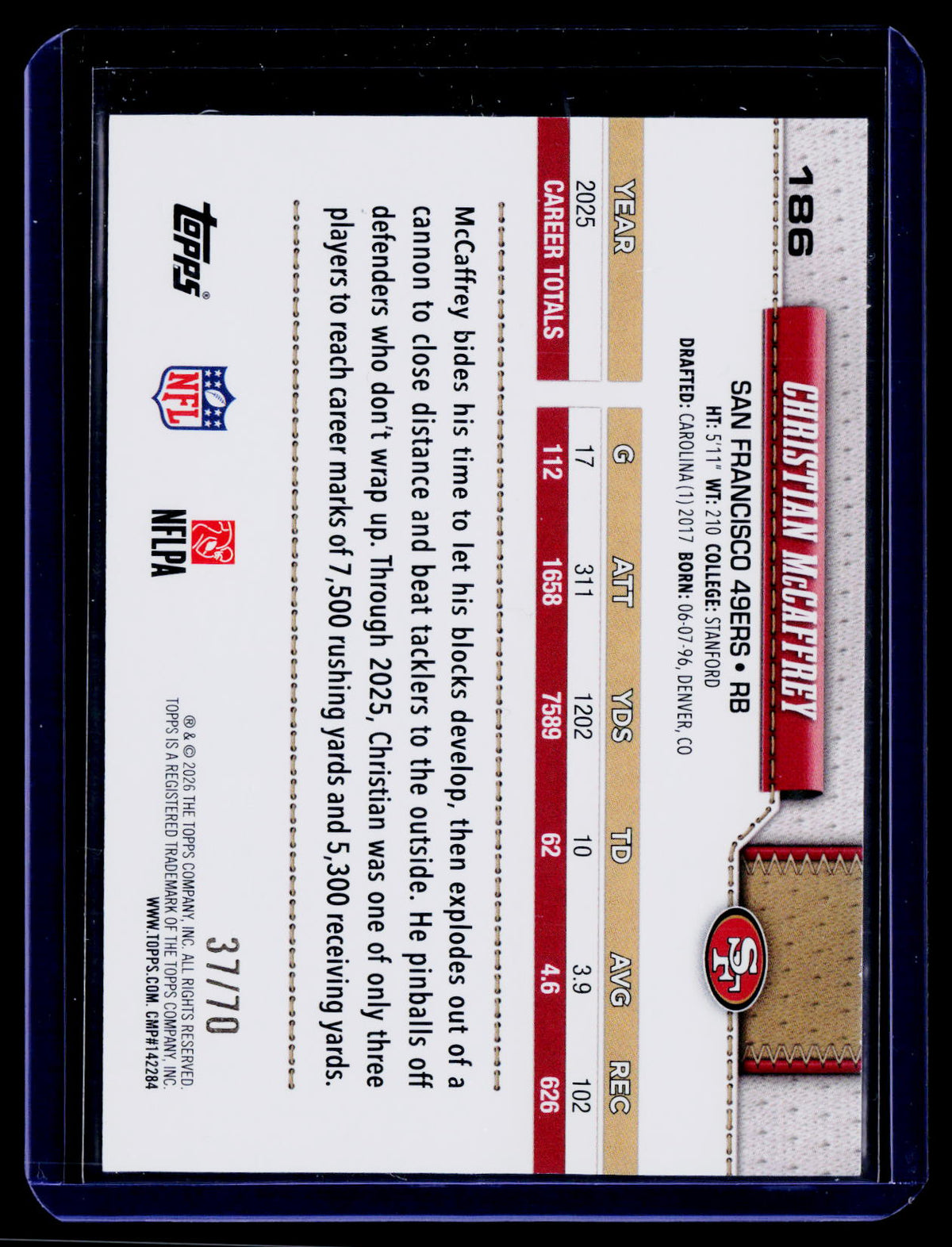 2026 Topps Flagship #186 Christian McCaffrey Black #/70