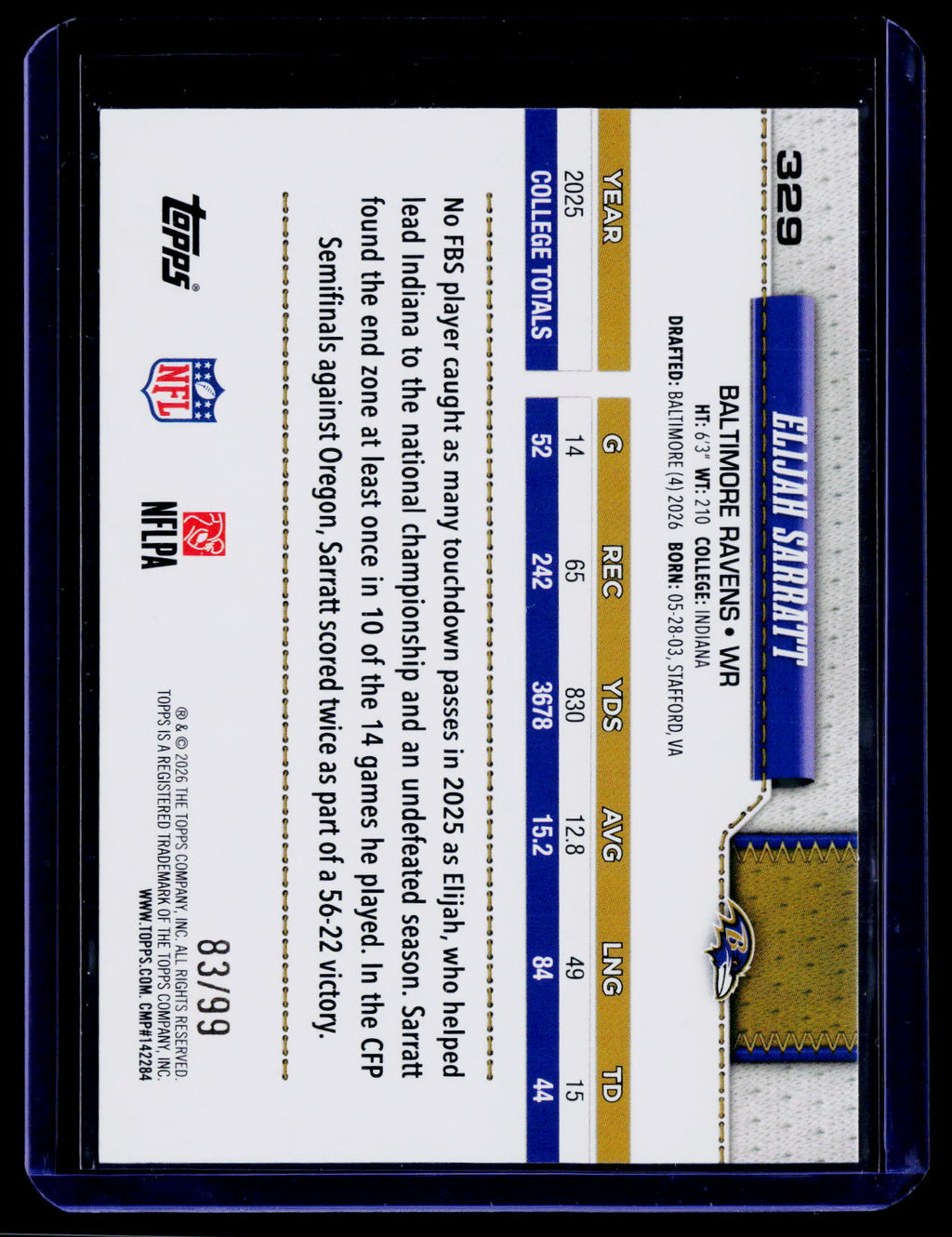 2026 Topps Flagship #329 Elijah Sarratt Green Football #/99