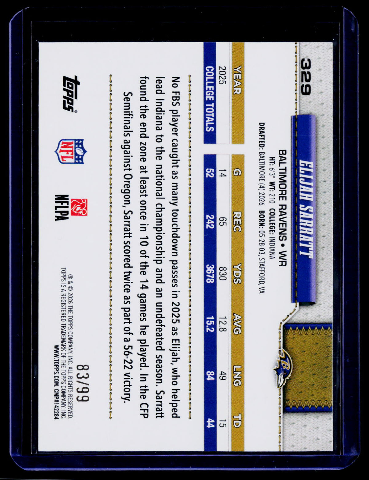 2026 Topps Flagship #329 Elijah Sarratt Green Football #/99