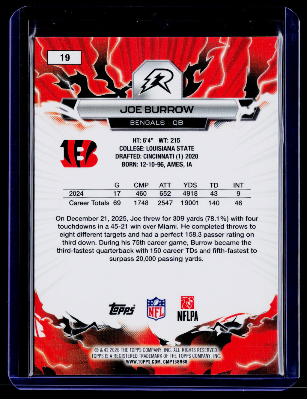 2025 Topps Resurgence #19 Joe Burrow Pink Power Surge Refractor #/10