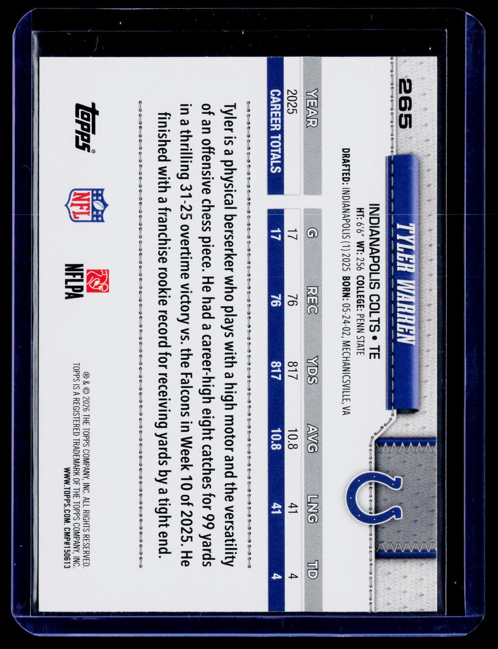2026 Topps Flagship #265 Tyler Warren Football Leather Foil