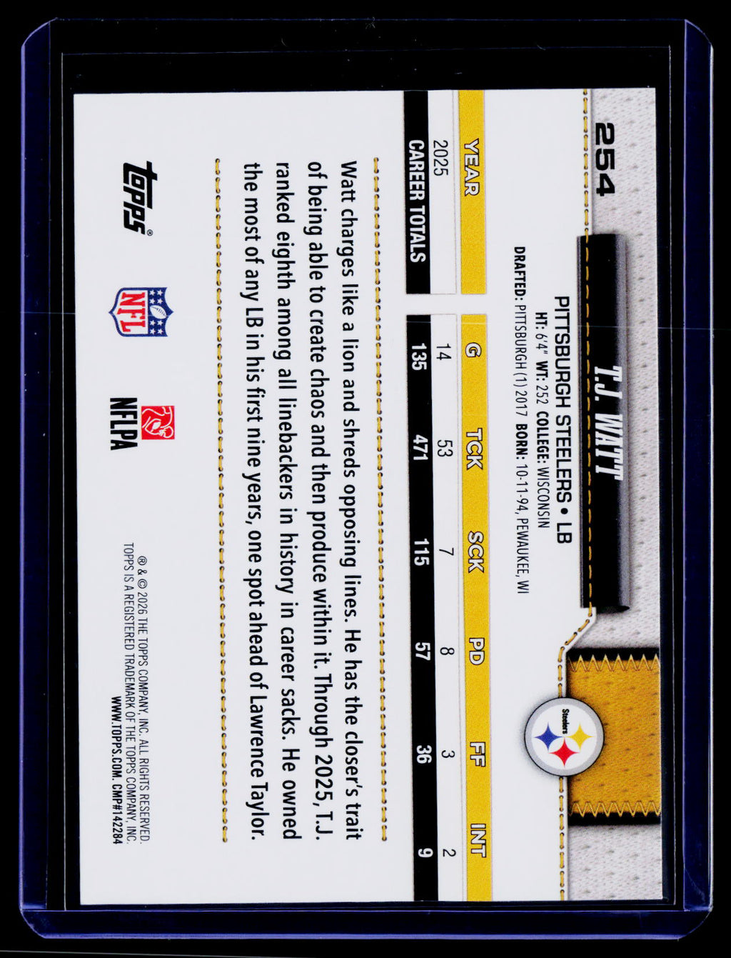2026 Topps Flagship #254 T.J. Watt Football Leather Foil