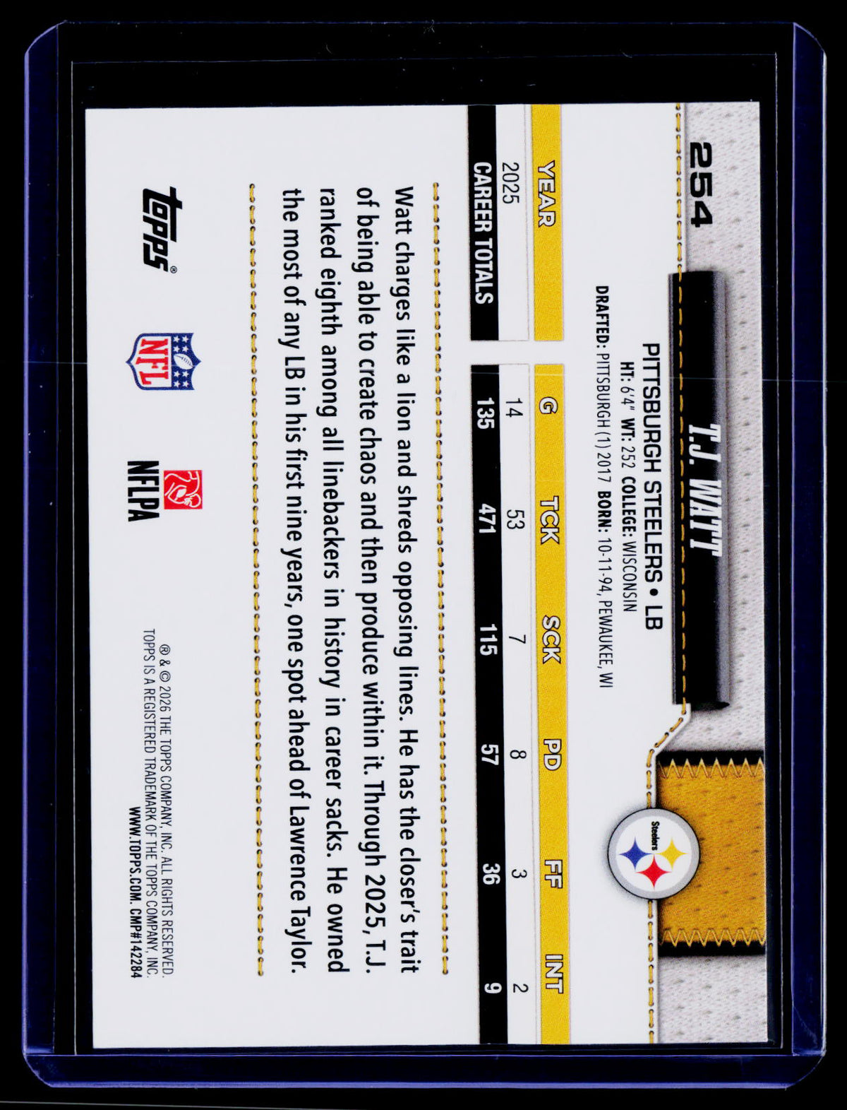 2026 Topps Flagship #254 T.J. Watt Football Leather Foil