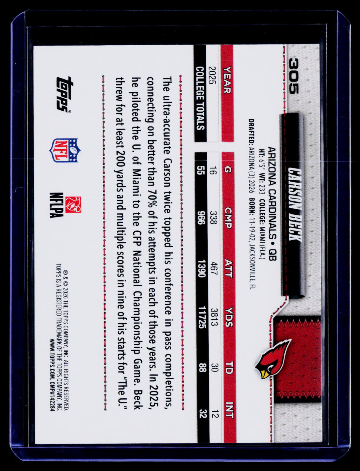 2026 Topps Flagship #305 Carson Beck Football Leather Foil