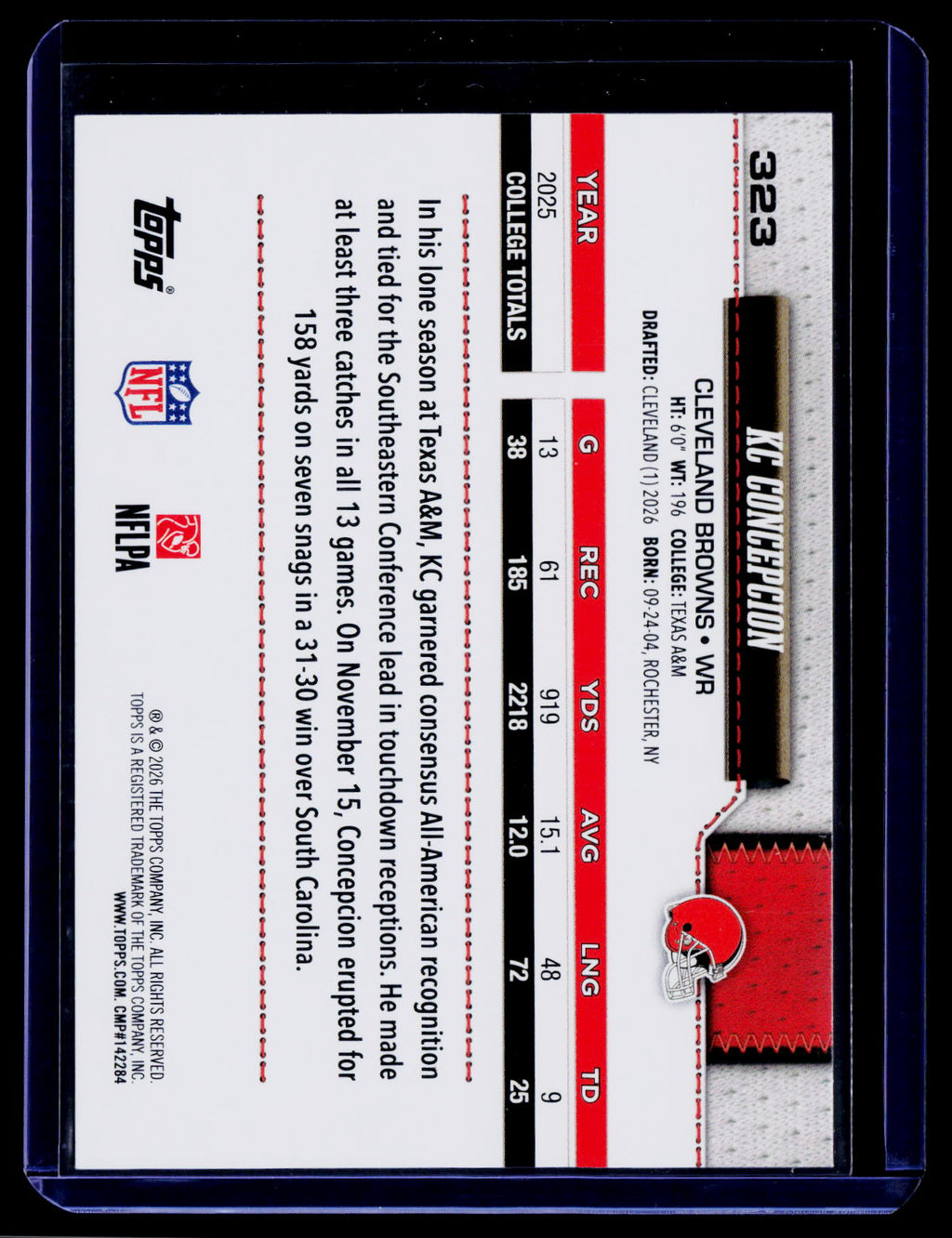 2026 Topps Flagship #323 KC Concepcion Football Leather Foil