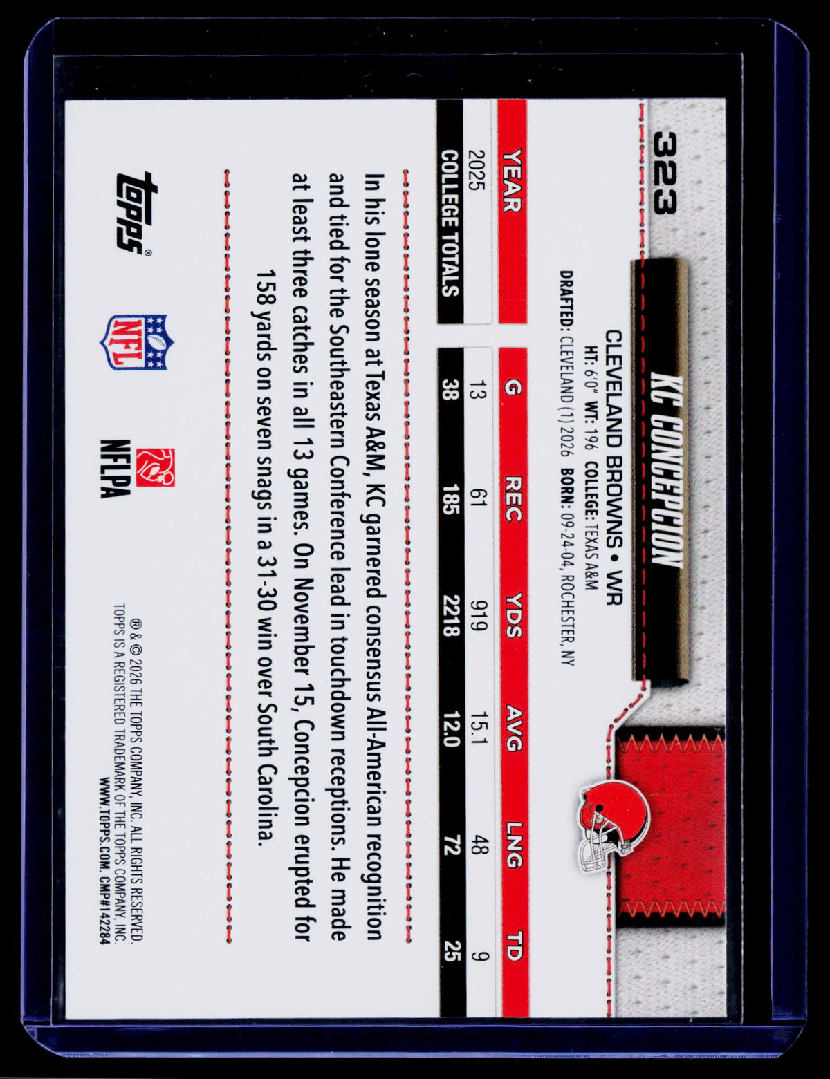 2026 Topps Flagship #323 KC Concepcion Football Leather Foil