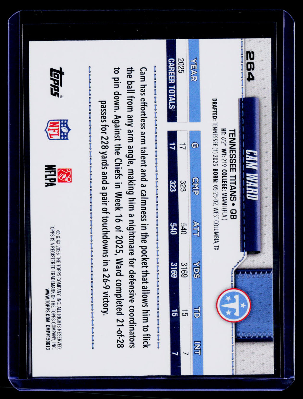 2026 Topps Flagship #264 Cam Ward Topps Logo Foilboard