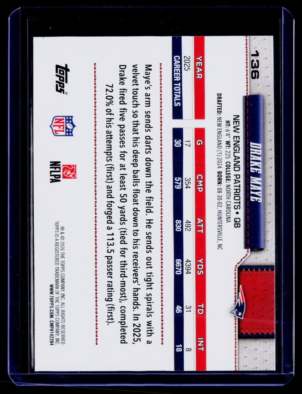 2026 Topps Flagship #136 Drake Maye Topps Logo Foilboard
