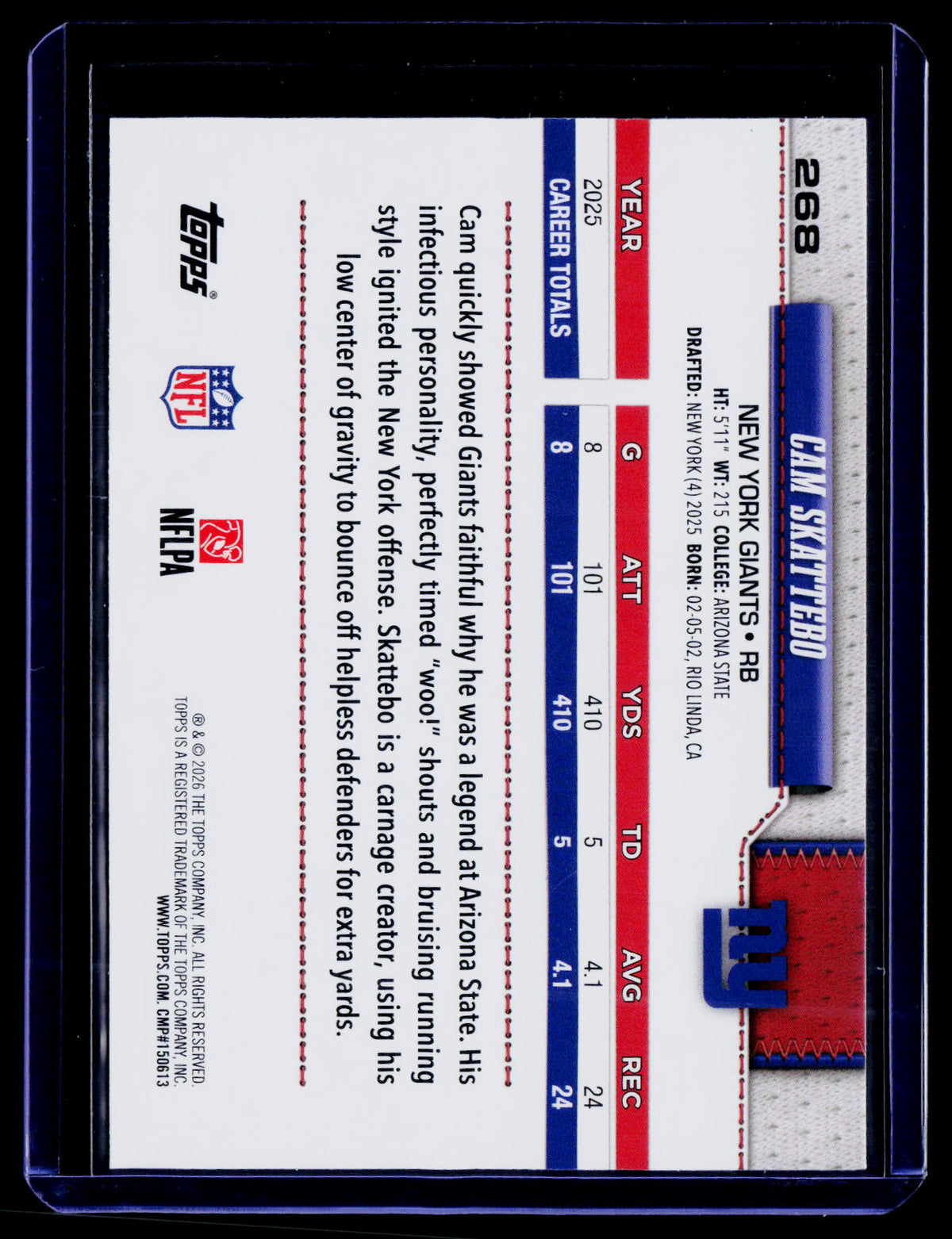 2026 Topps Flagship #268 Cam Skattebo Topps Logo Foilboard