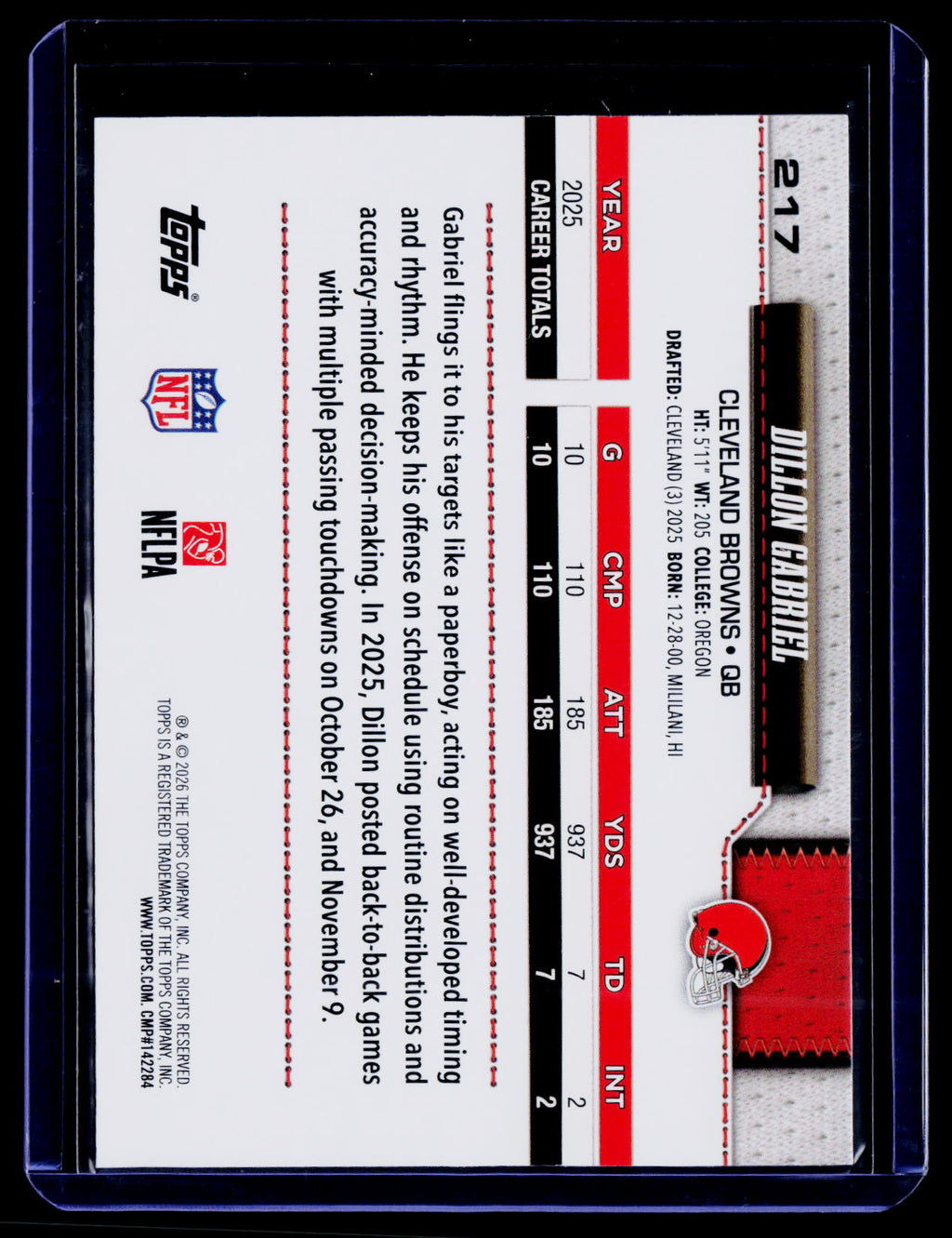 2026 Topps Flagship #217 Dillon Gabriel Topps Logo Foilboard