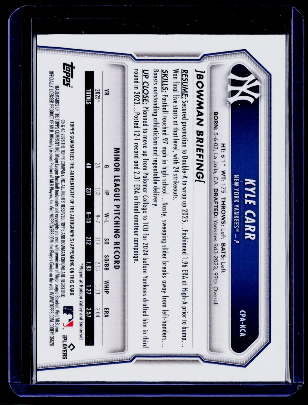 2026 Bowman Chrome Kyle Carr 1st Prospect Auto Chrome Yankees