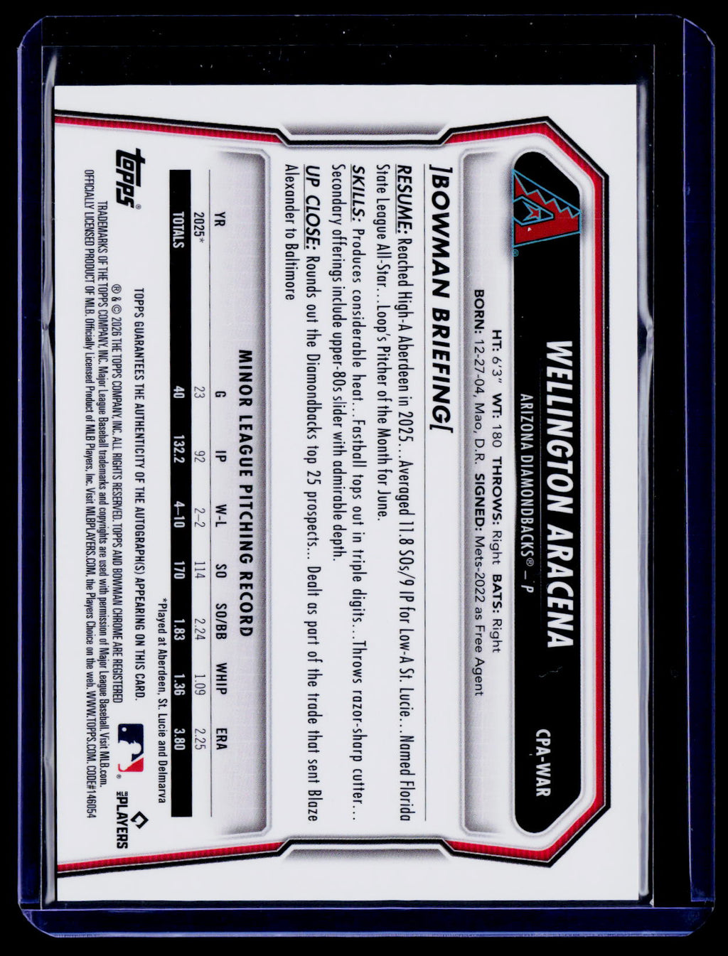 2026 Bowman Chrome Wellington Aracena 1st Bowman Auto CPA-WAR
