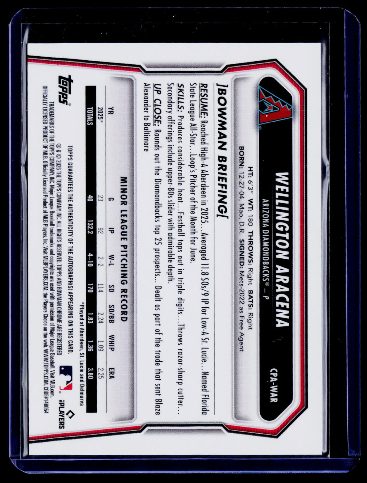 2026 Bowman Chrome Wellington Aracena 1st Bowman Auto CPA-WAR