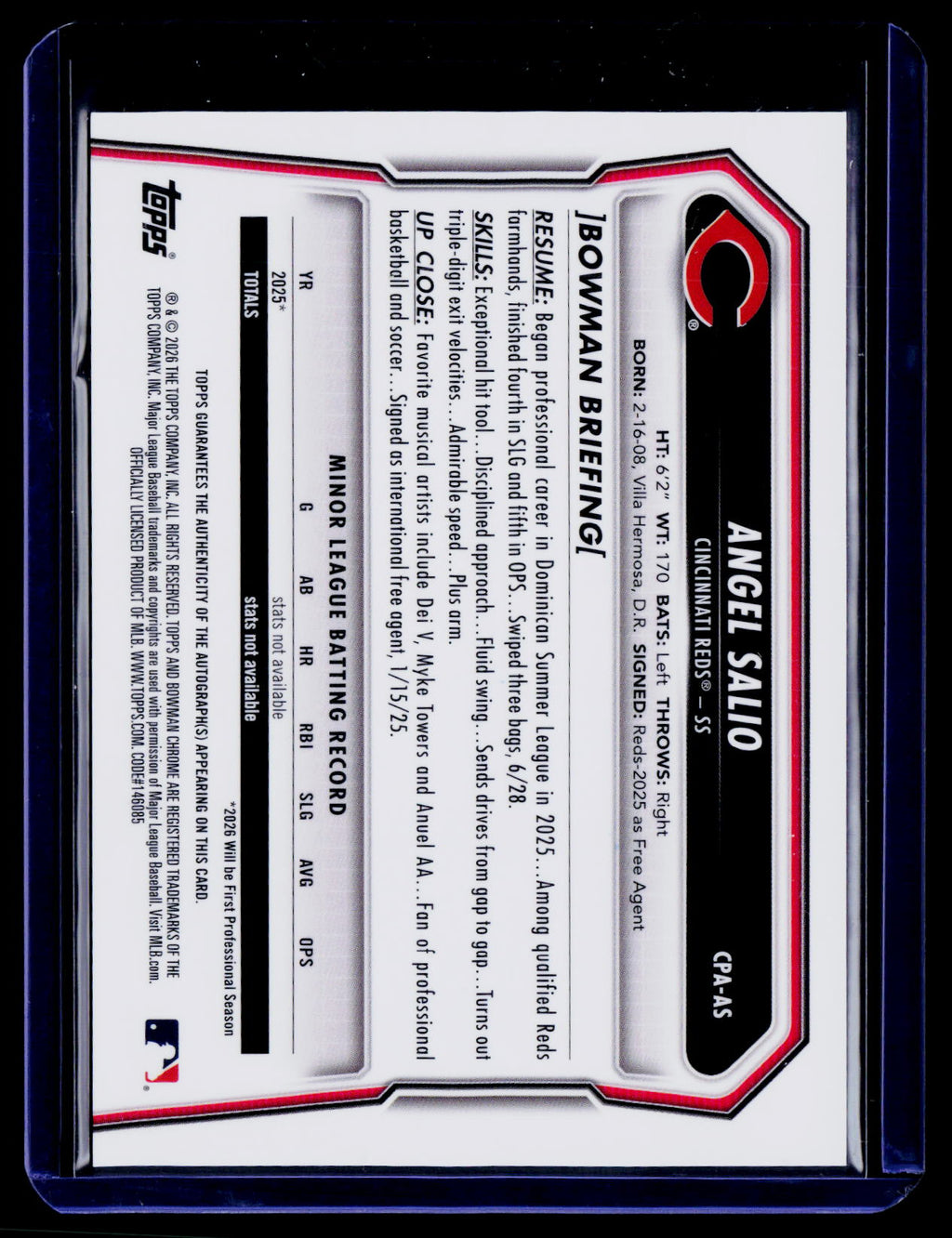 2026 Bowman Chrome Angel Salio 1st Bowman Auto - Reds - CPA-AS