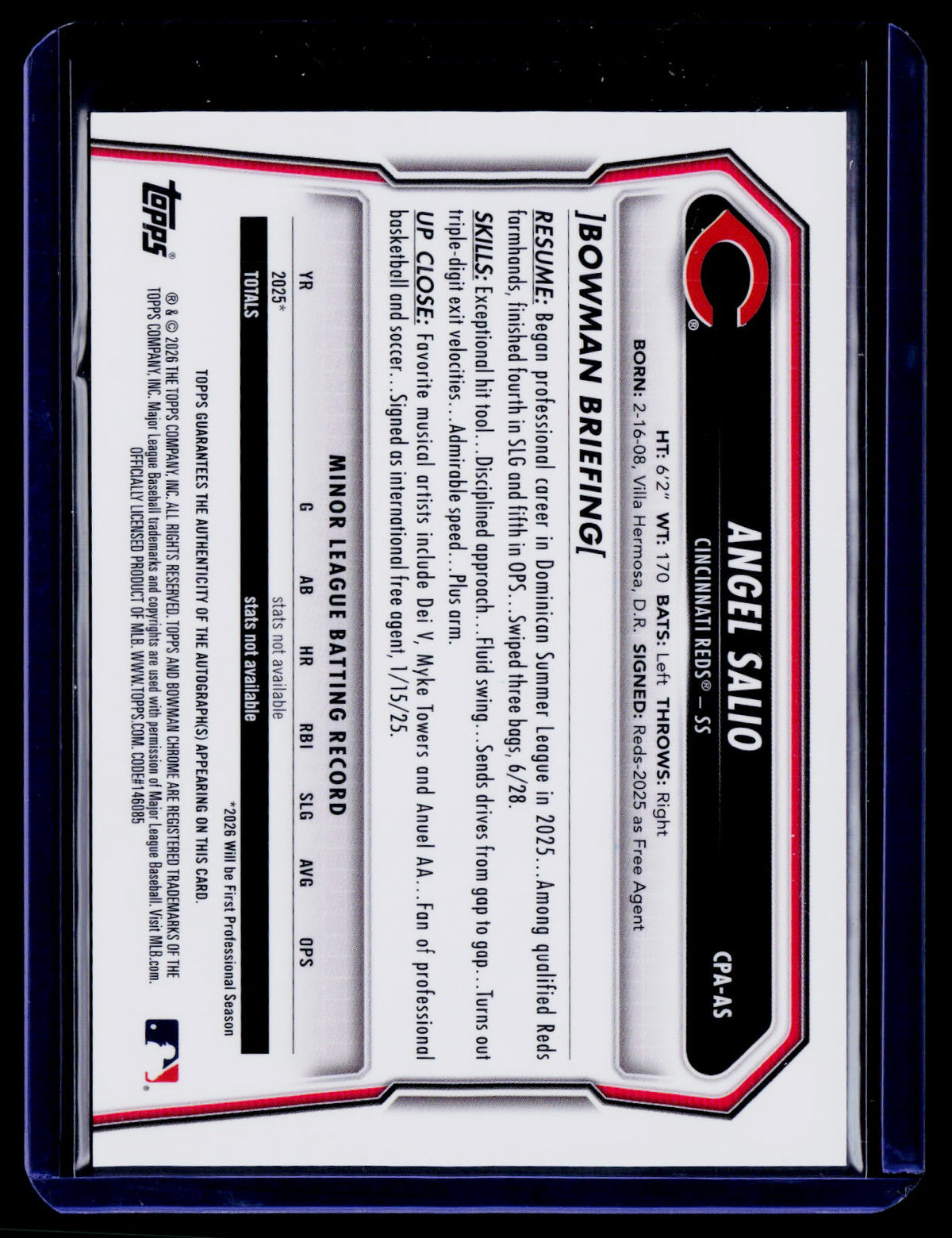 2026 Bowman Chrome Angel Salio 1st Bowman Auto - Reds - CPA-AS