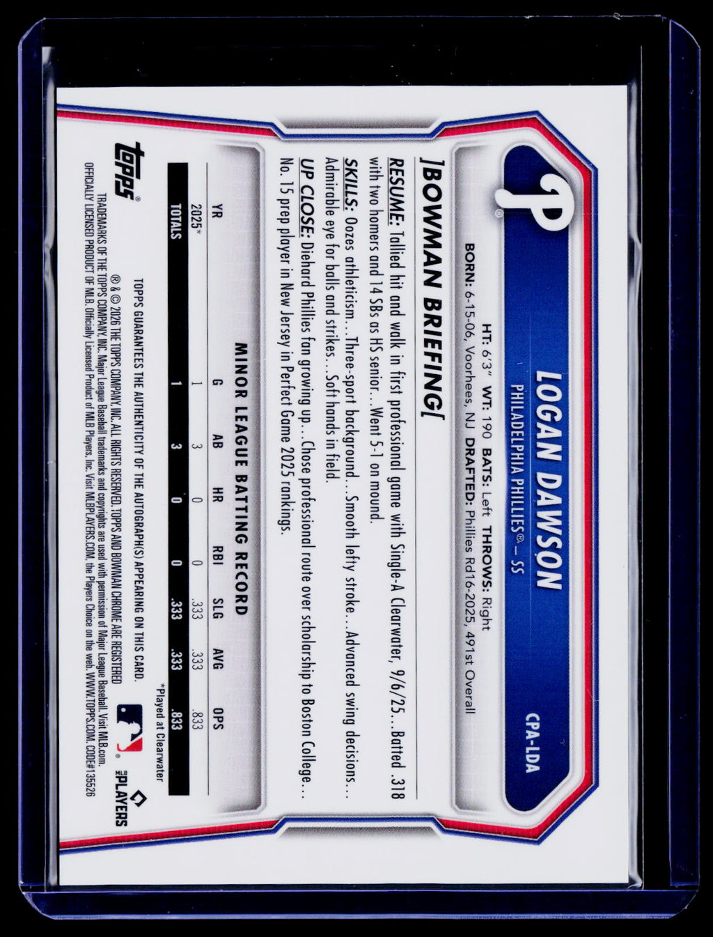 Logan Dawson 2026 Bowman Chrome 1st Bowman Auto Phillies #CPA-LDA