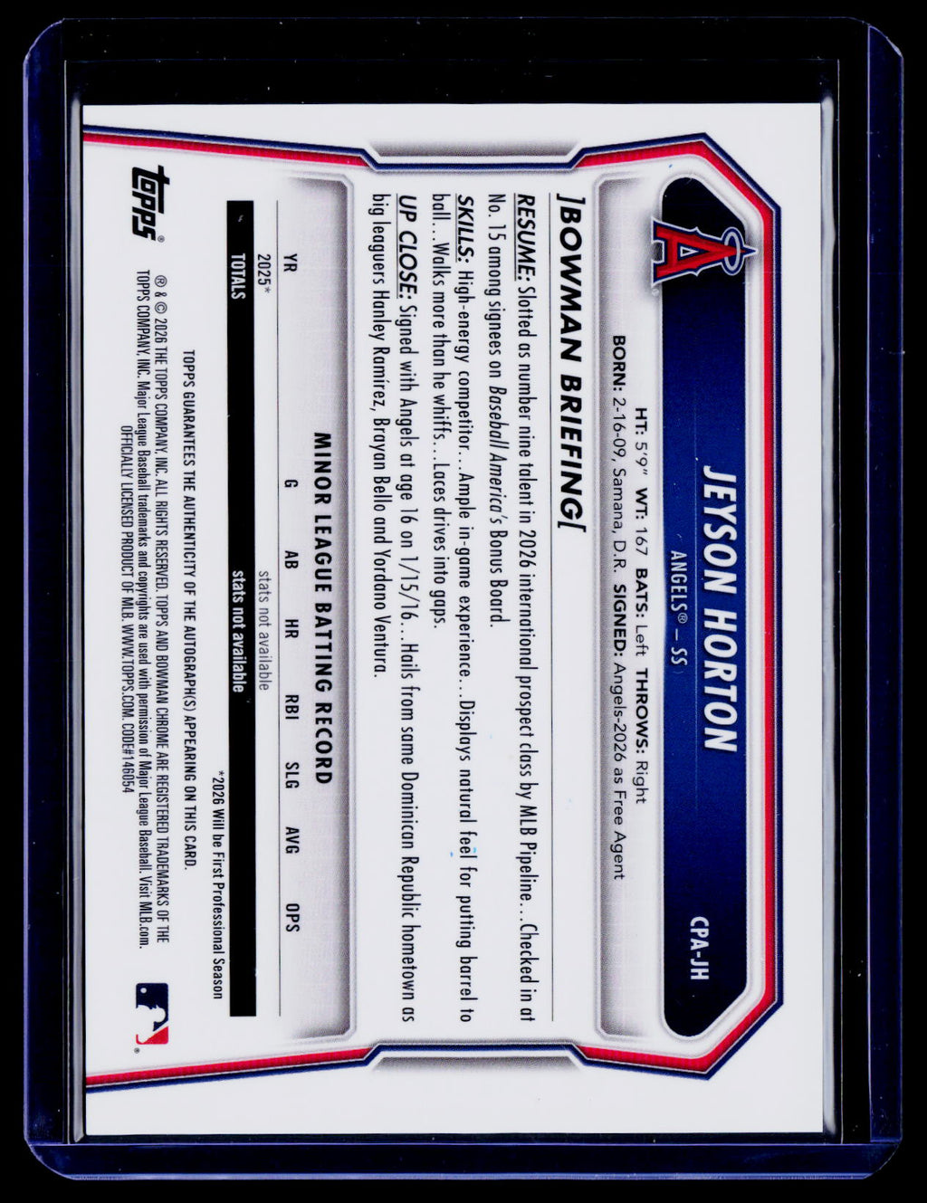 2026 Bowman Chrome Jeyson Horton Angels 1st Bowman Auto #CPA-JH