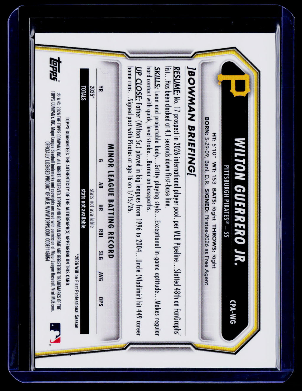 2026 Bowman Chrome Wilton Guerrero Jr. 1st Bowman Auto Insert CPA-WG