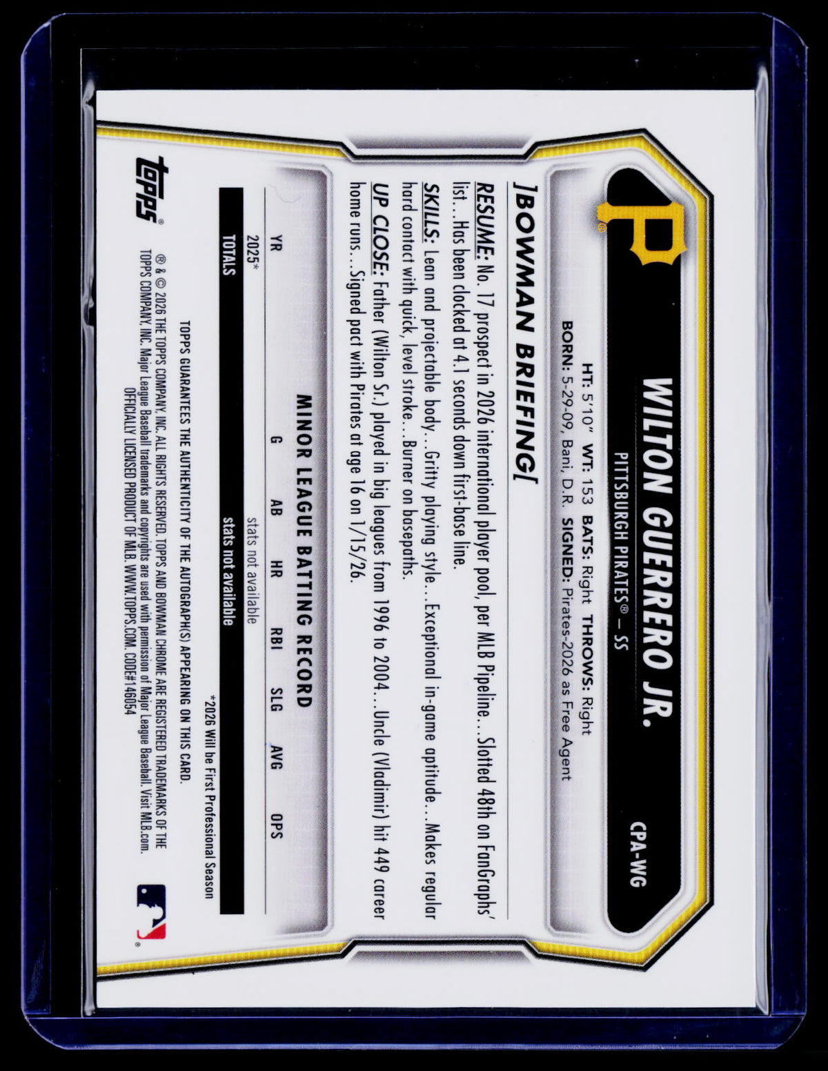 2026 Bowman Chrome Wilton Guerrero Jr. 1st Bowman Auto Insert CPA-WG