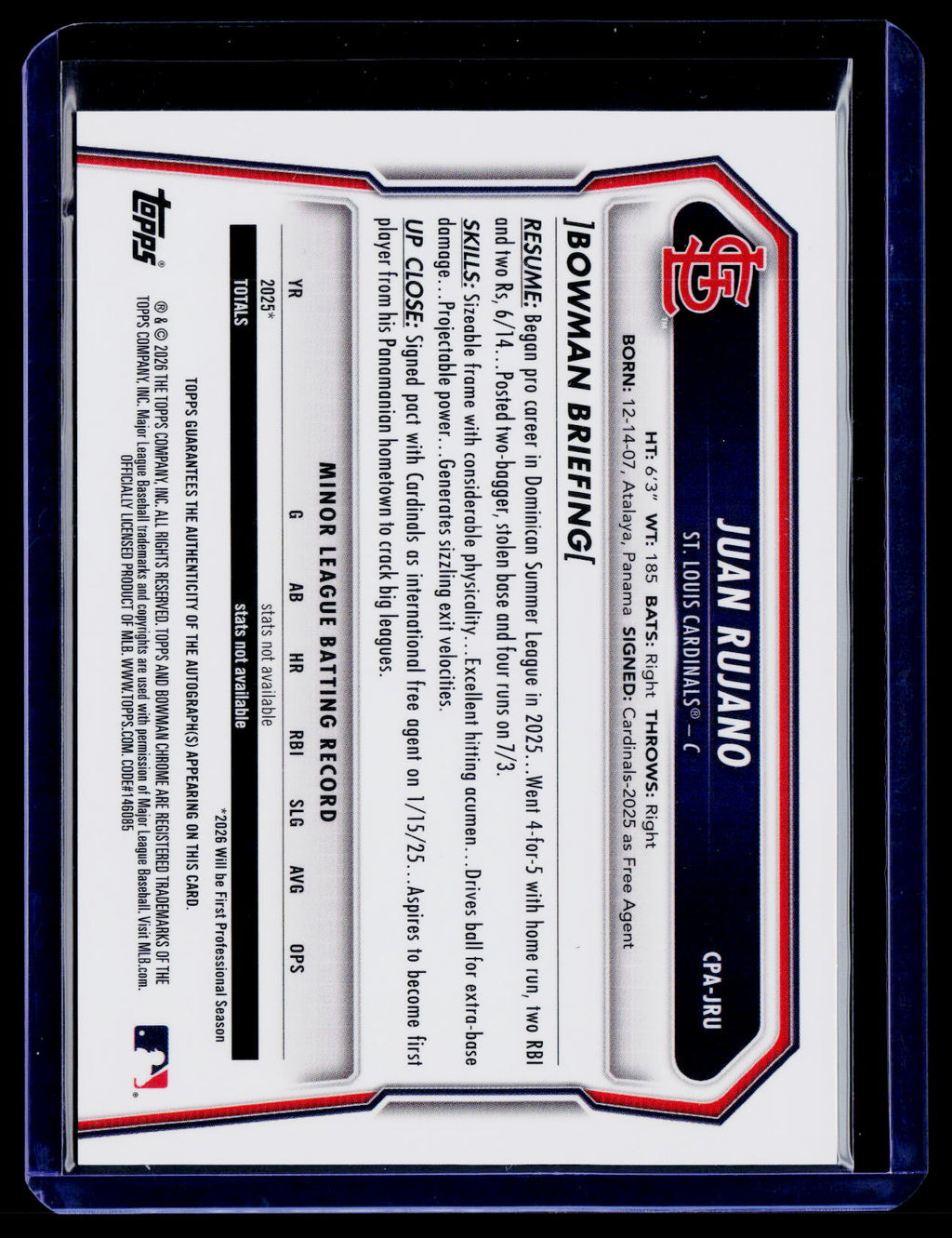 2026 Bowman Chrome Juan Rujano #CPA-JRU Auto 1st Prospect St. Louis Cardinals