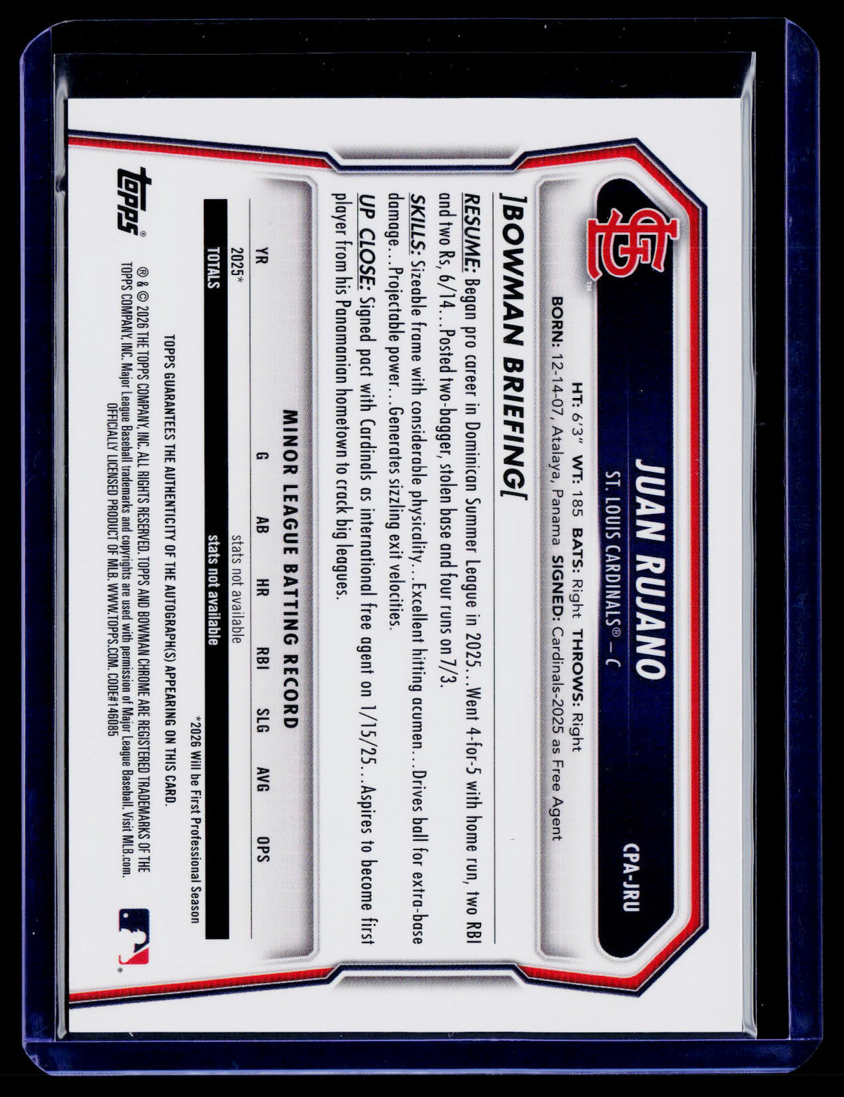 2026 Bowman Chrome Juan Rujano #CPA-JRU Auto 1st Prospect St. Louis Cardinals