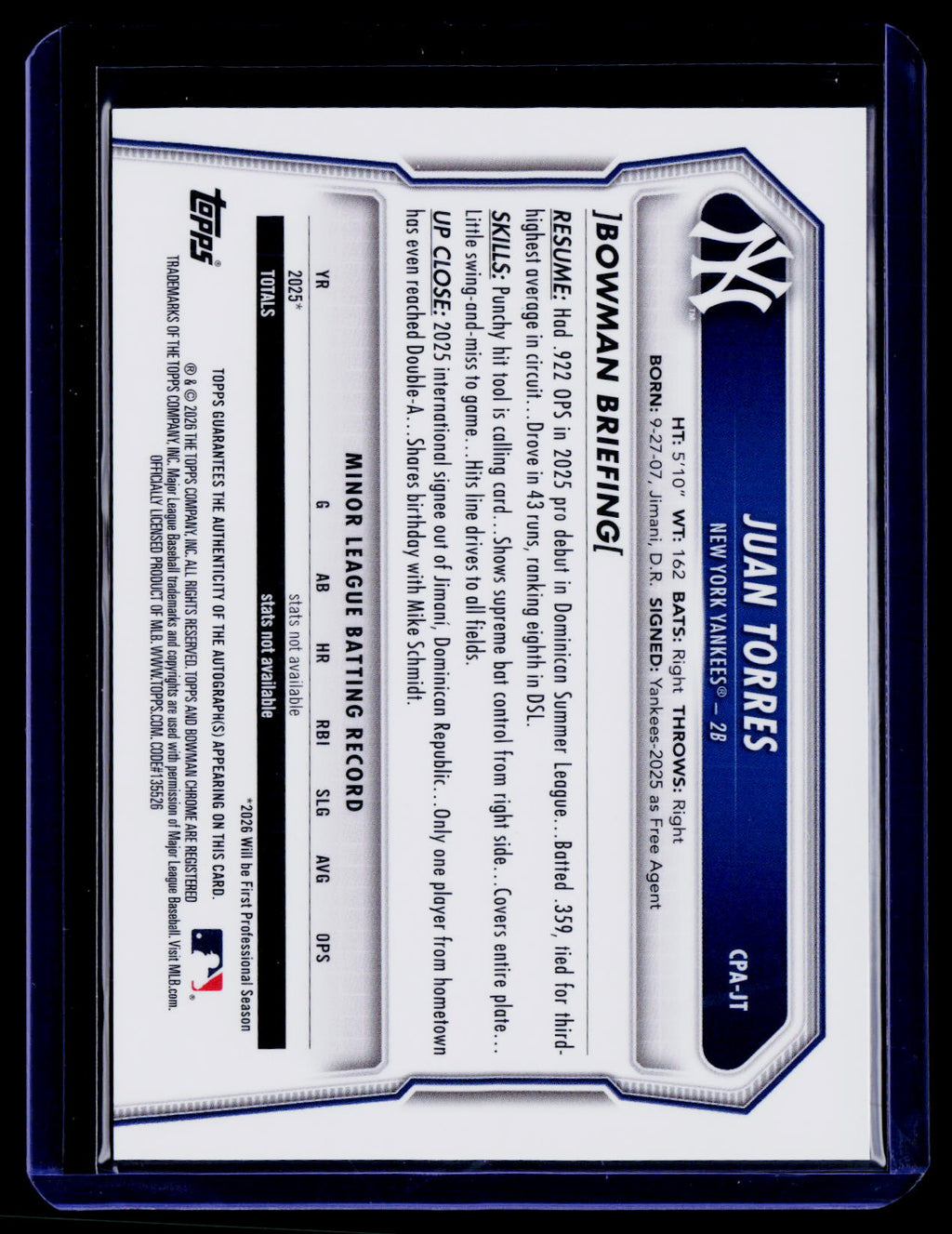 2026 Bowman Chrome Juan Torres 1st Auto Chrome Prospects Yankees #CPA-JT