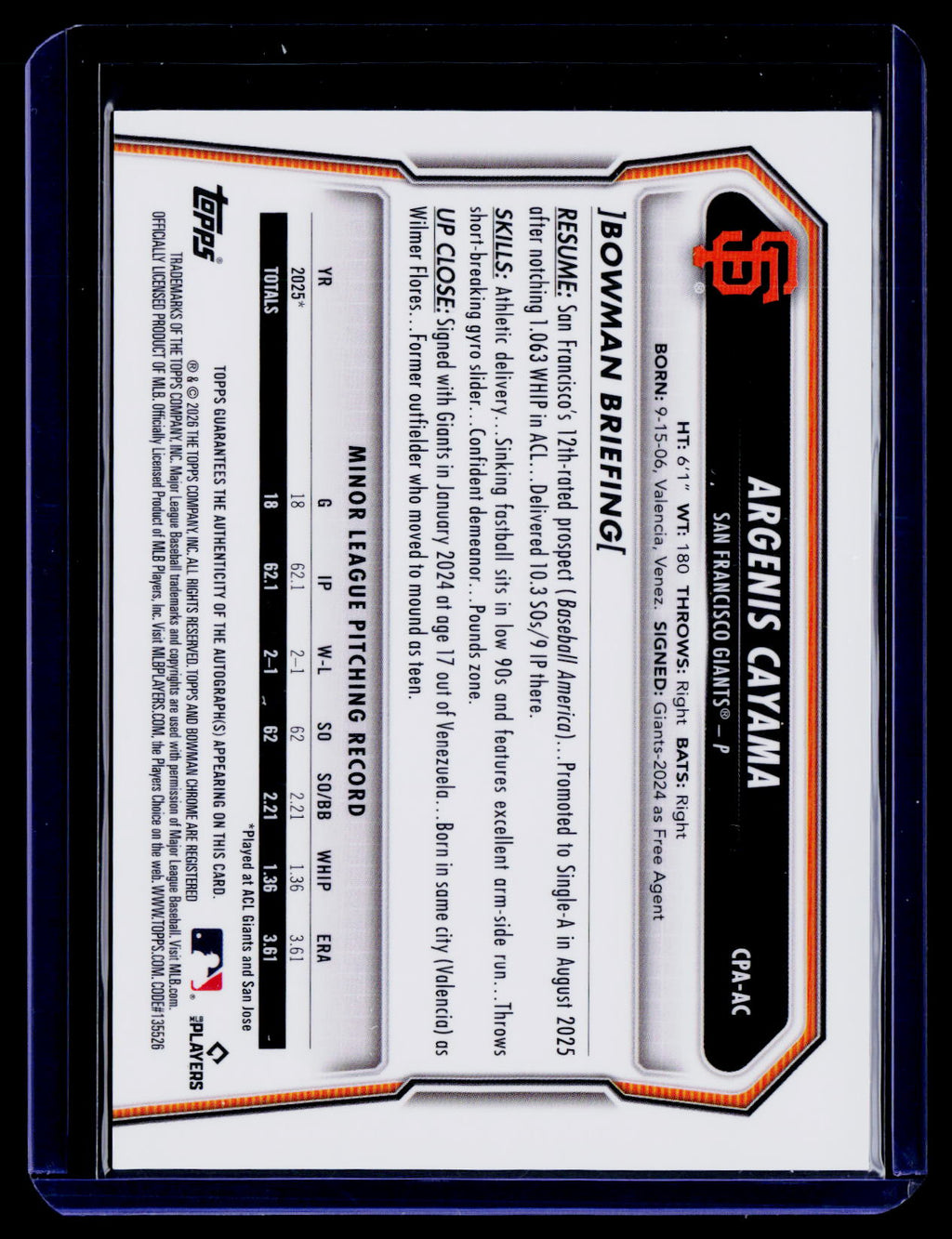 2026 Bowman Chrome Argenis Cayama 1st Bowman /75 CPA-AC